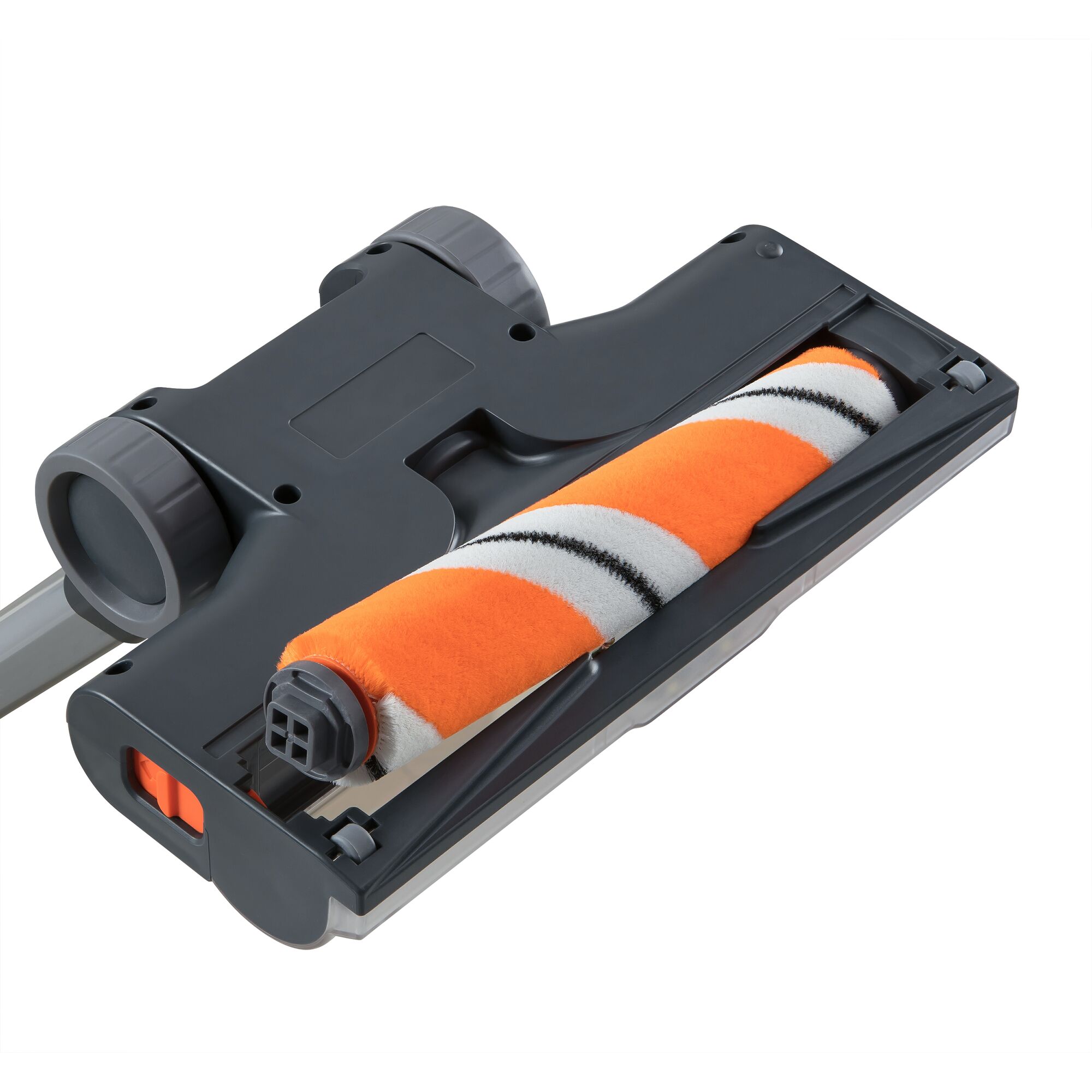 BLACKDECKER BHFEA18D1 vacuum cleaner head with orange and white roller, product category photography, top view.