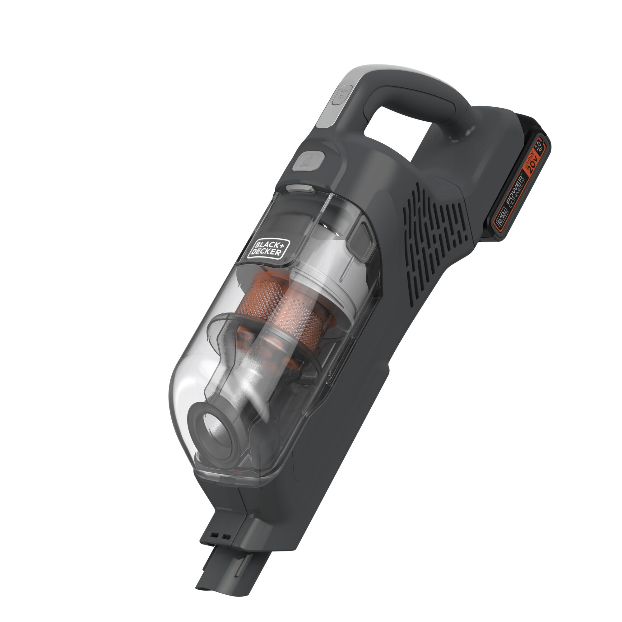 BLACKDECKER BHFEA18D1 handheld cordless vacuum cleaner, side angle, black and orange, product photography.