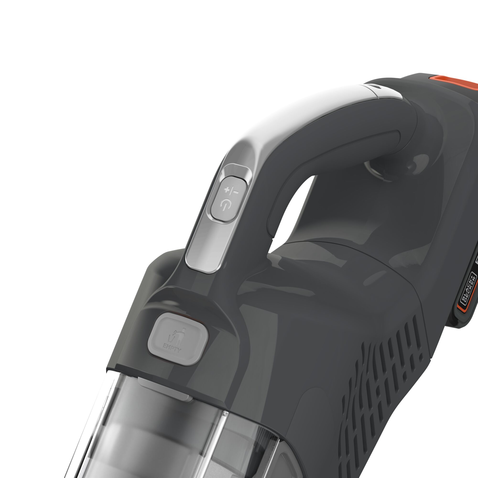 Close-up of the handle and control buttons on a BLACK+DECKER cordless handheld vacuum cleaner, showing the power and suction control buttons, and the dustbin release button.