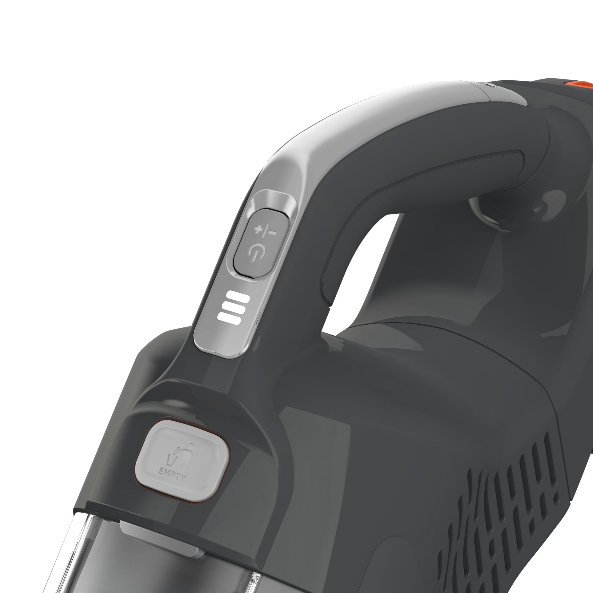 Close-up view of the handle and control panel of a BLACK+DECKER cordless handheld vacuum cleaner, showing the power button and suction level indicators.