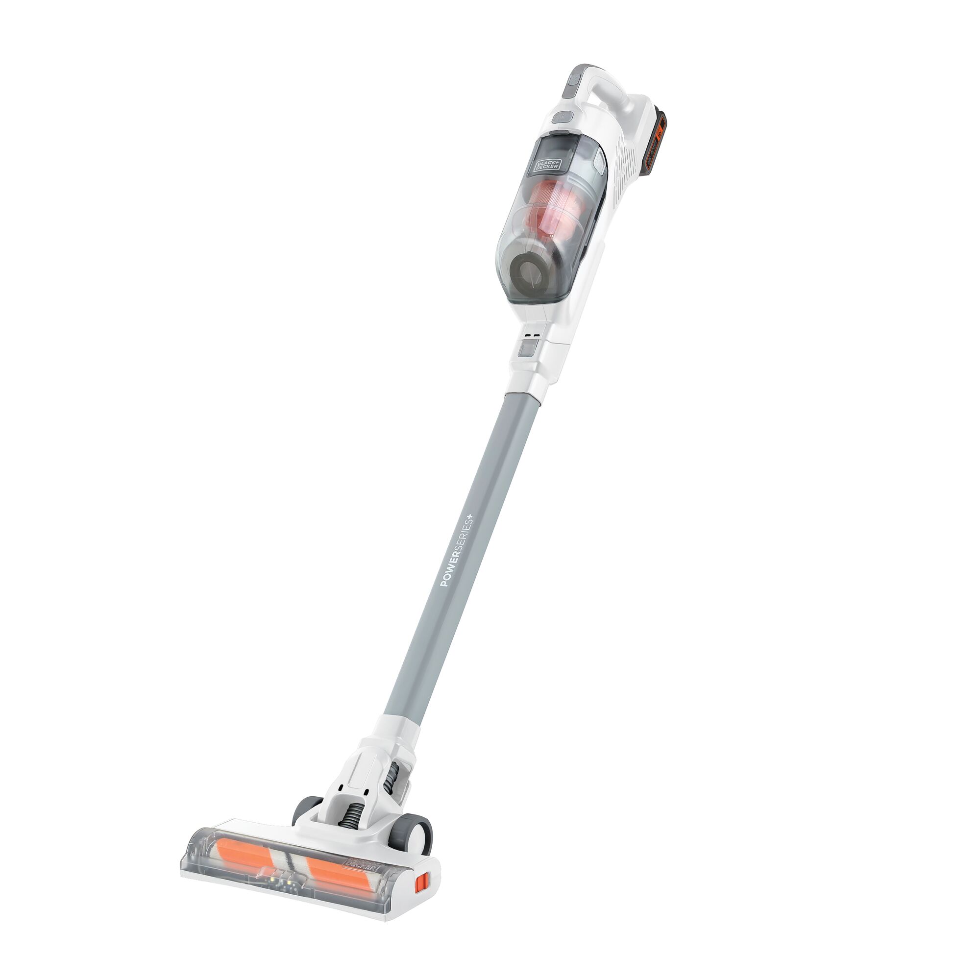 BLACKDECKER BHFEA18D2W cordless stick vacuum cleaner, white and grey, side angle on white background.