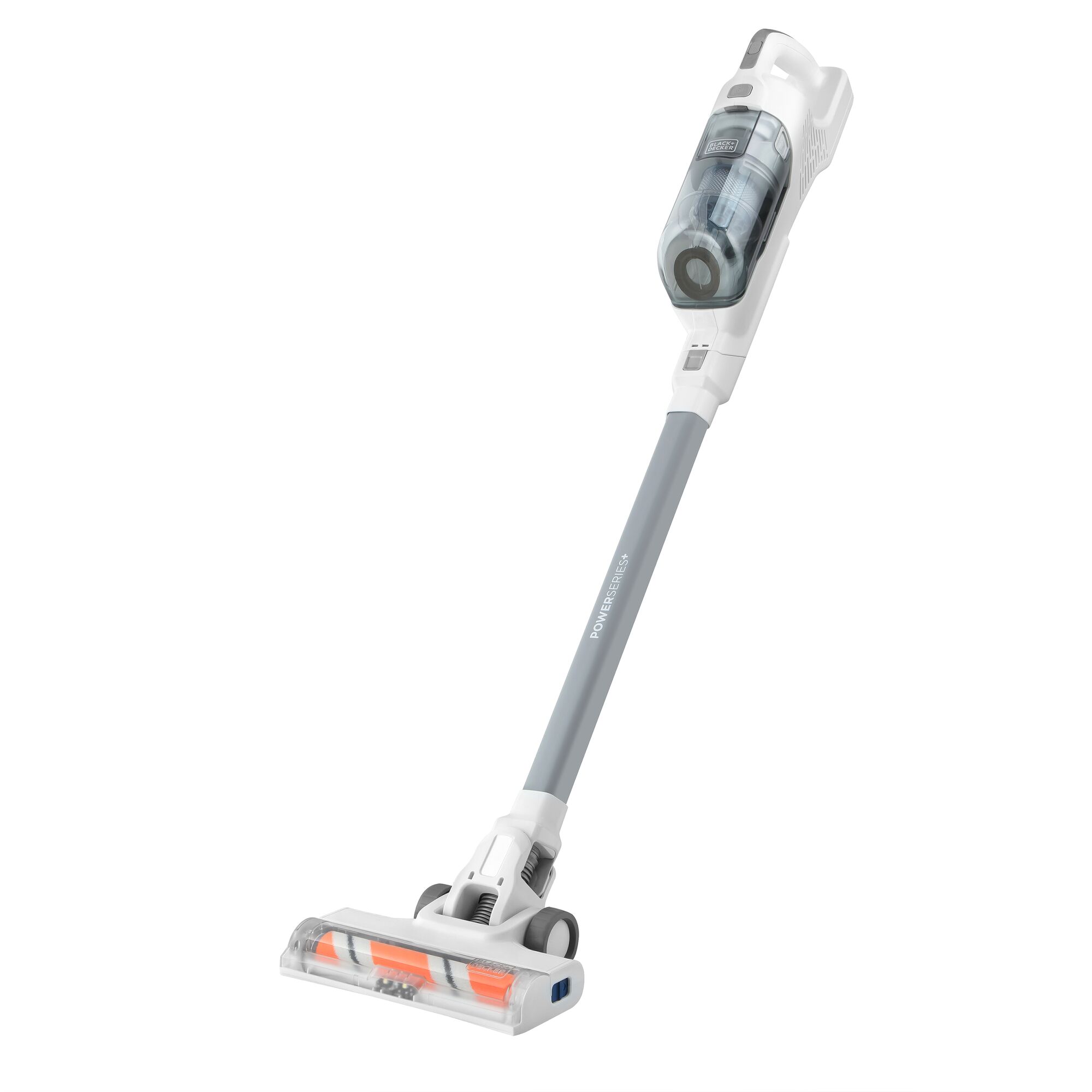 BLACKDECKER BHFEA420J cordless stick vacuum cleaner, white and gray, side angle on white background.