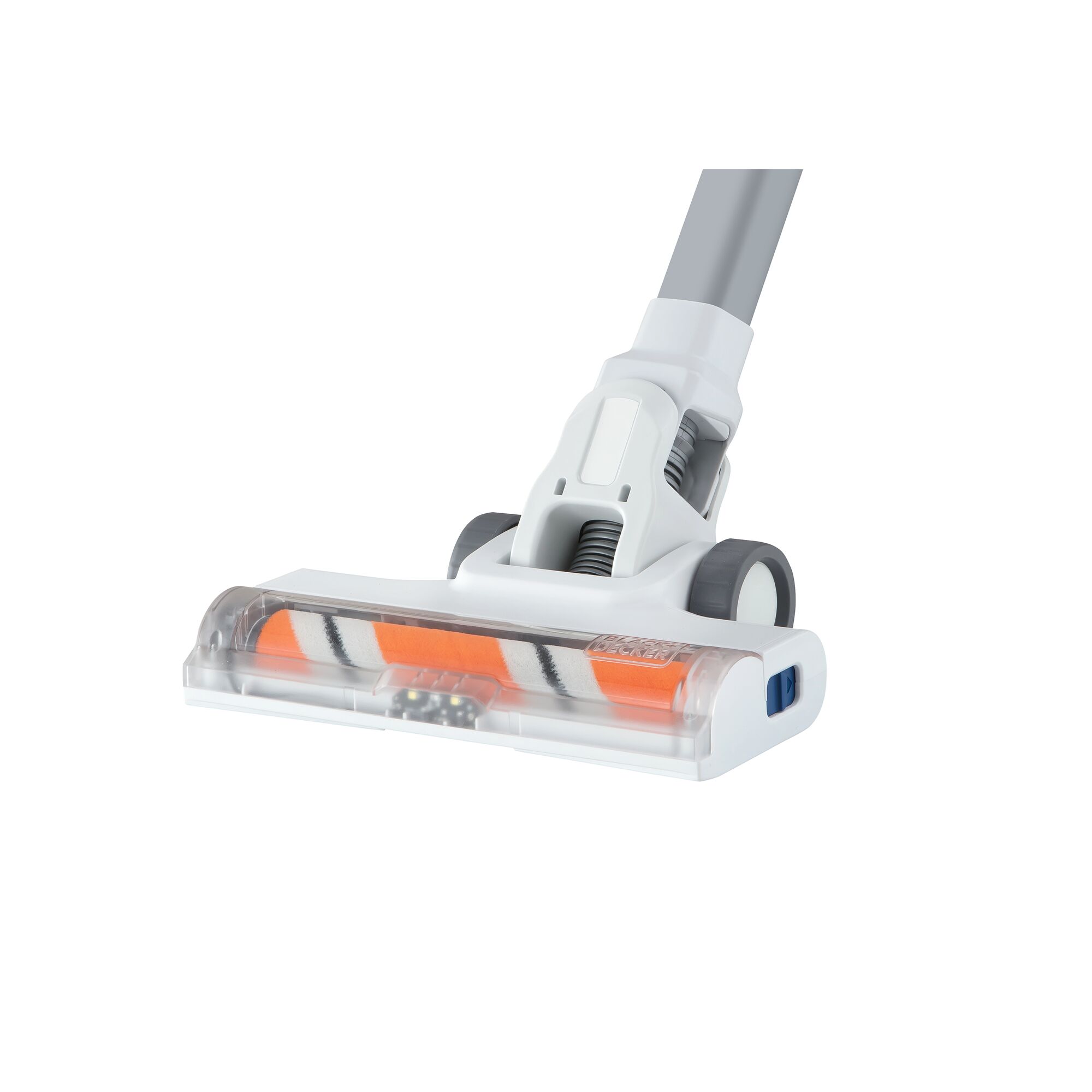BLACKDECKER BHFEA420J vacuum cleaner head, white and orange, side angle, photography on white background.