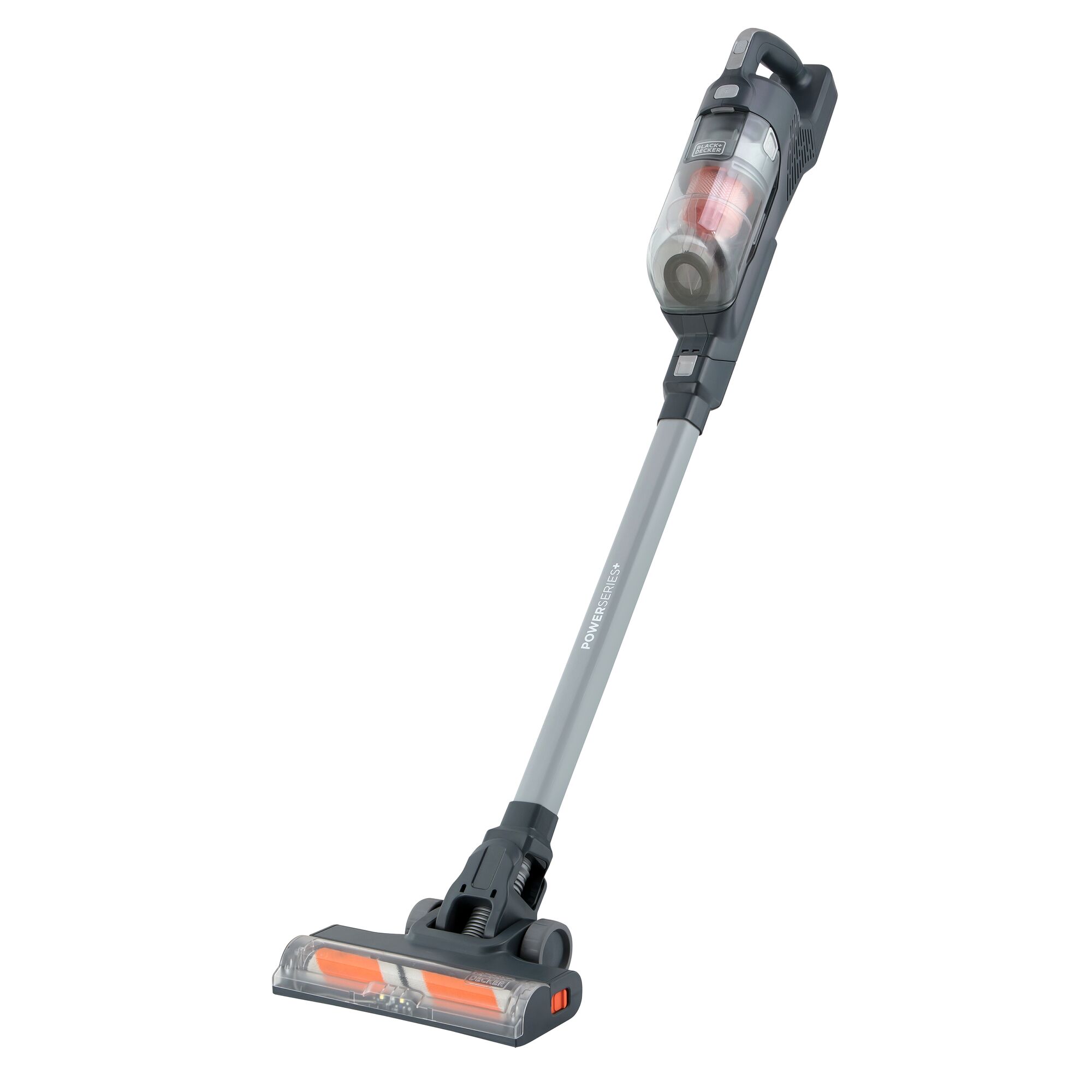 BLACKDECKER BHFEA520J cordless stick vacuum cleaner, grey with orange accents, side angle on white background.