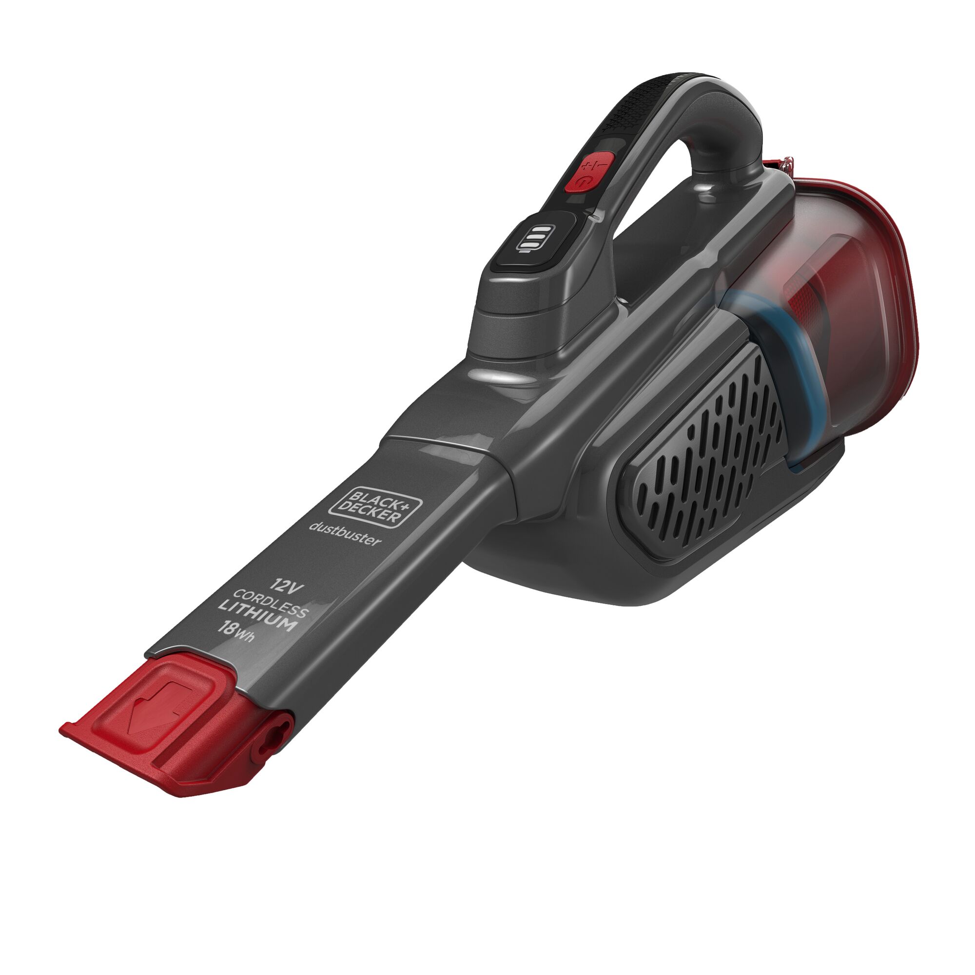 BLACK+DECKER BHHV315B06-KR cordless handheld vacuum, black and red, side angle on white background.
