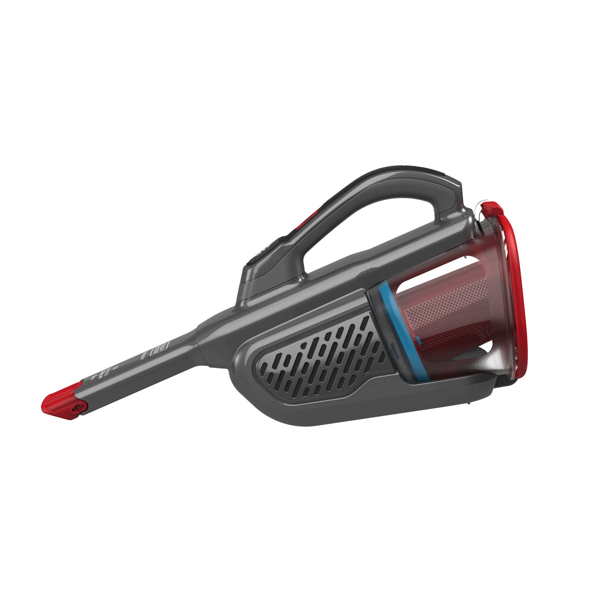 A handheld cordless vacuum cleaner with a sleek black and red design, featuring a transparent dust container and a narrow nozzle attachment.