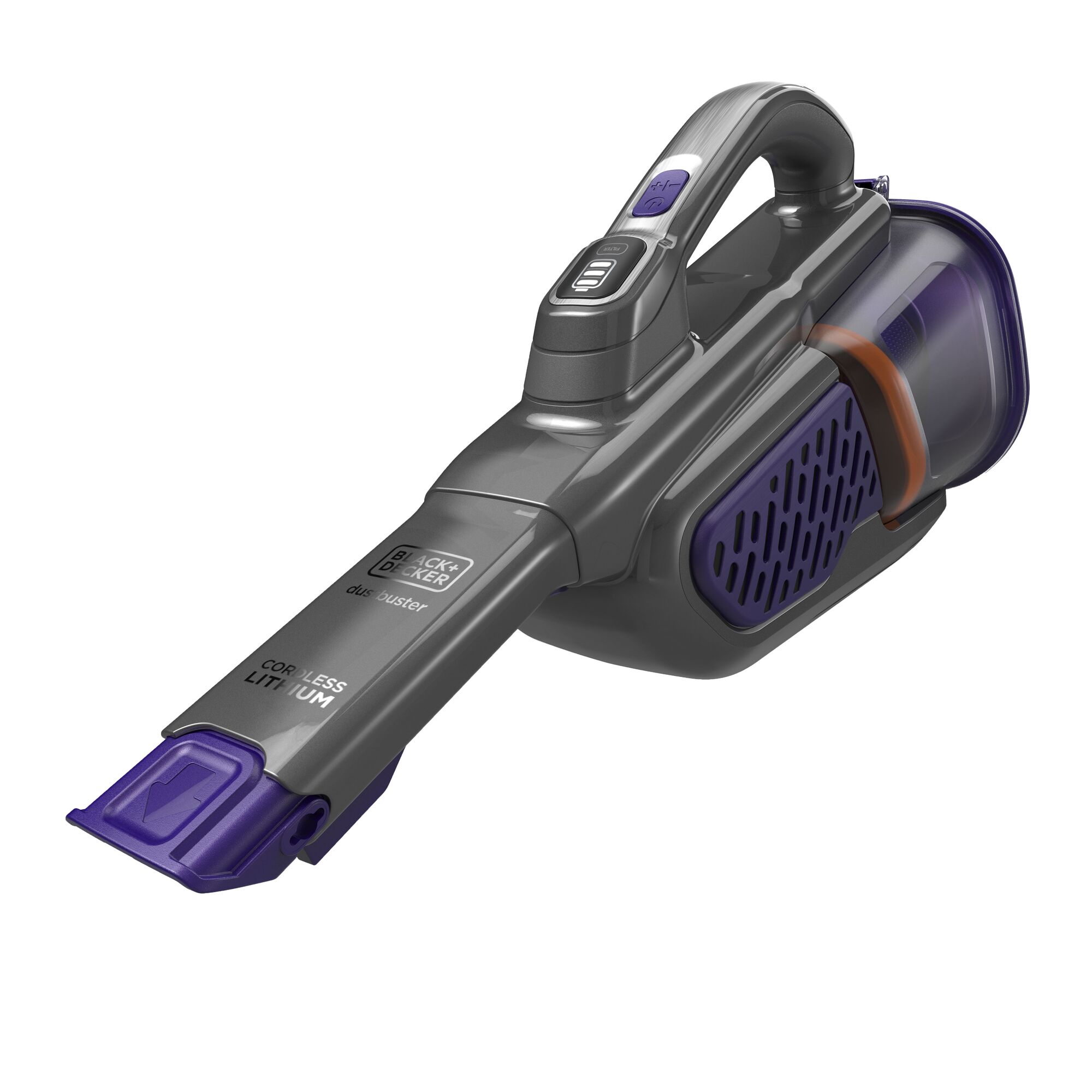 BLACKDECKER BHHV520BFP07 cordless handheld vacuum with purple accents, side angle on white background.