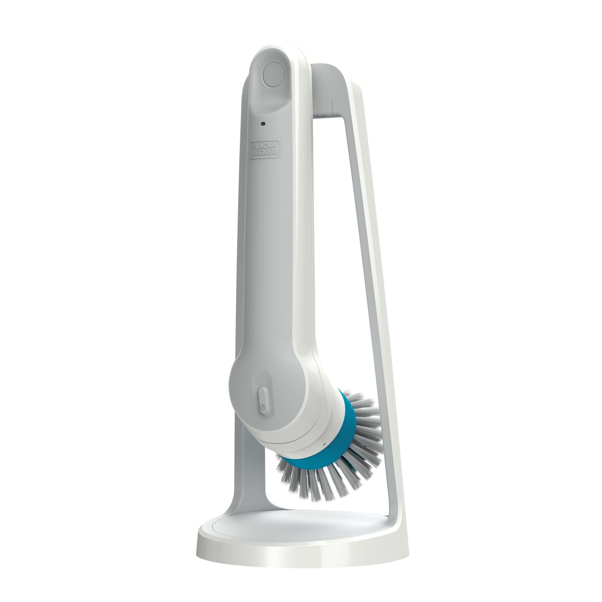 BLACKDECKER BHPC110 white handheld power scrubber with charging stand, front angle.