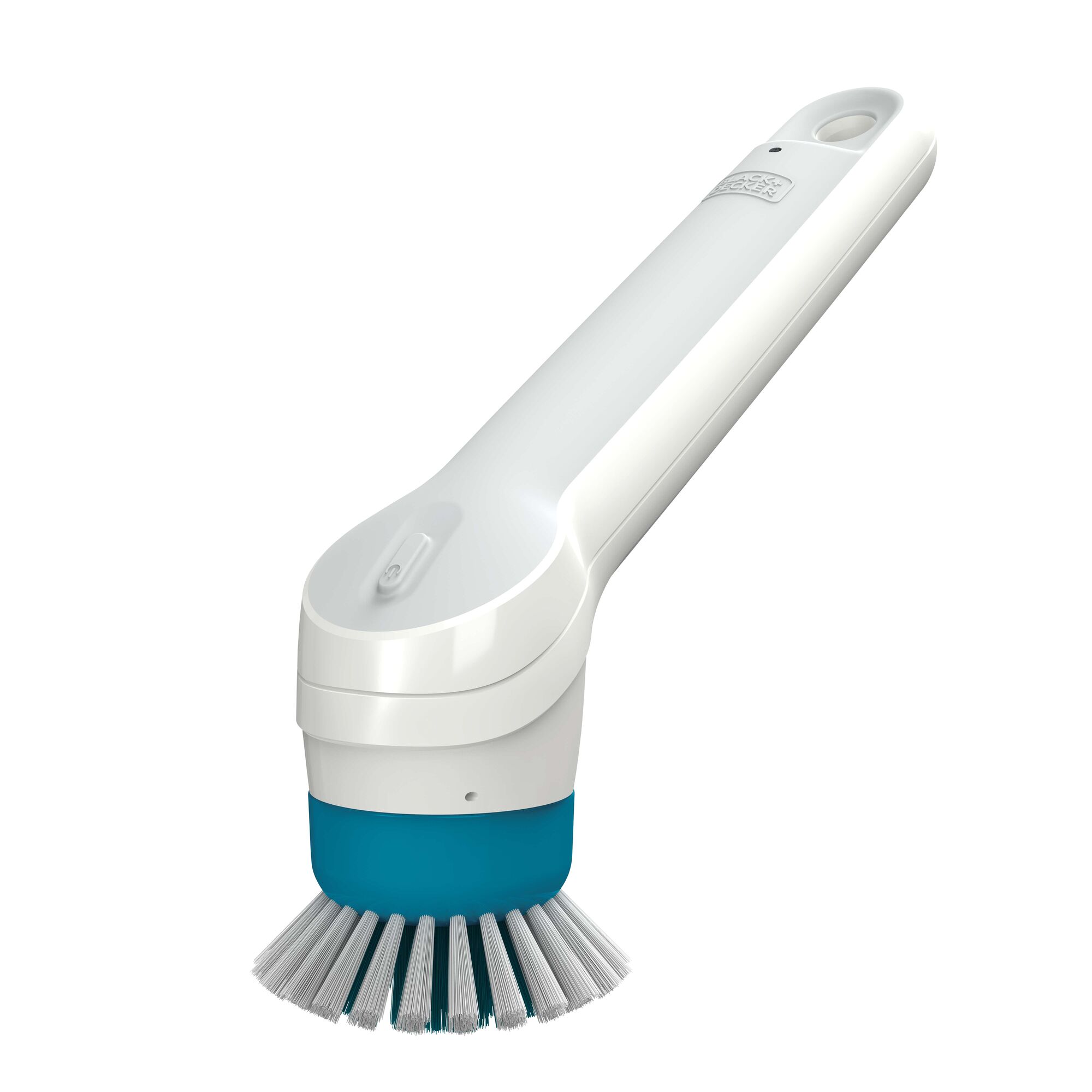 BLACKDECKER BHPC110 handheld white and blue electric scrub brush, front angled view on white background.