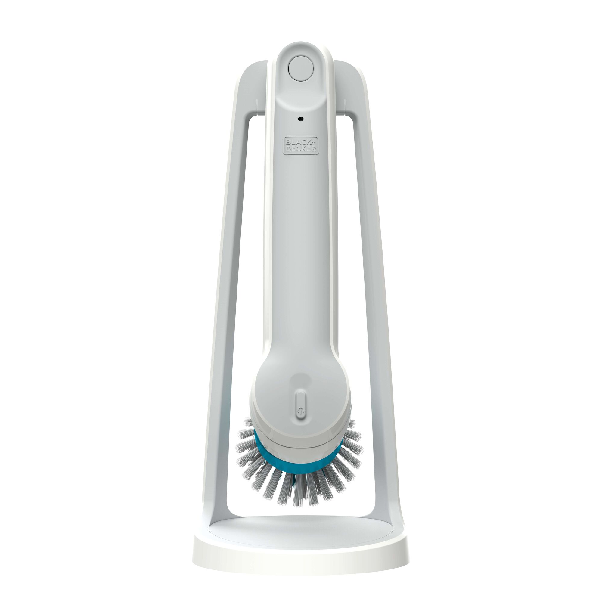BLACKDECKER BHPC110 white handheld scrub brush with stand, front angle, photography on white background.