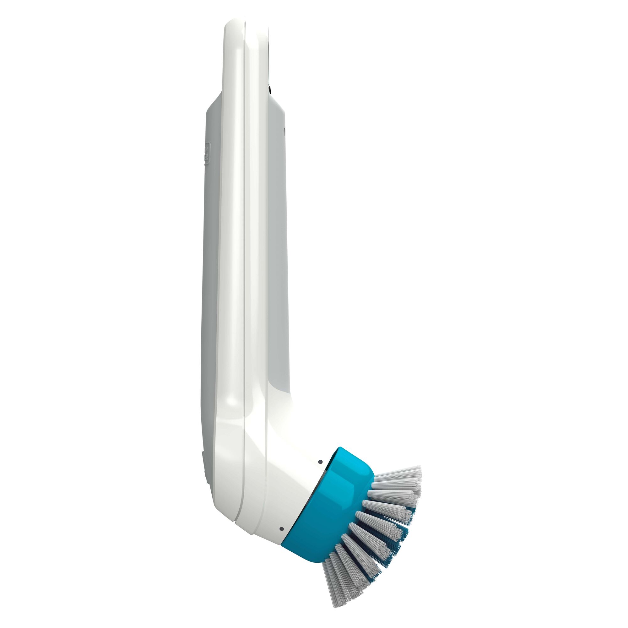 BLACKDECKER BHPC110 handheld power scrubber, white and blue, side view on white background.