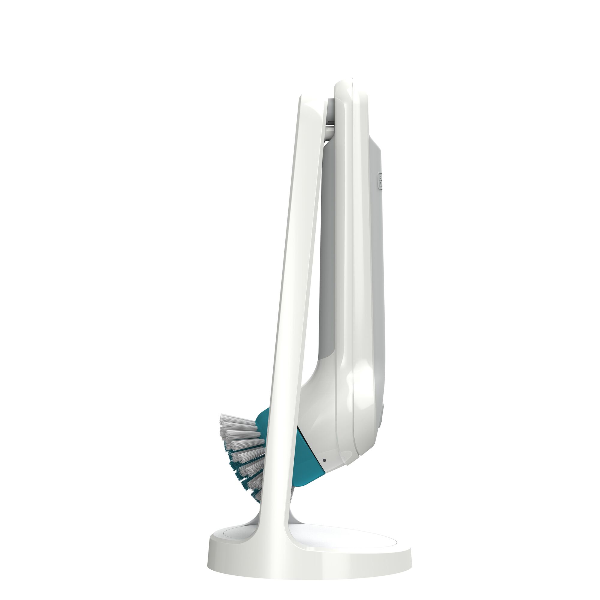 BLACKDECKER BHPC110 white handheld scrubber with blue bristles on charging stand, side angle