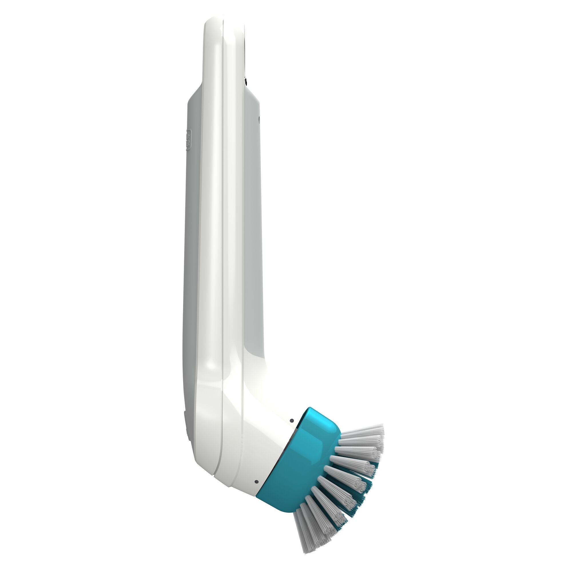 BLACKDECKER BHPC110 handheld power scrubber, white and blue, side angle photography.