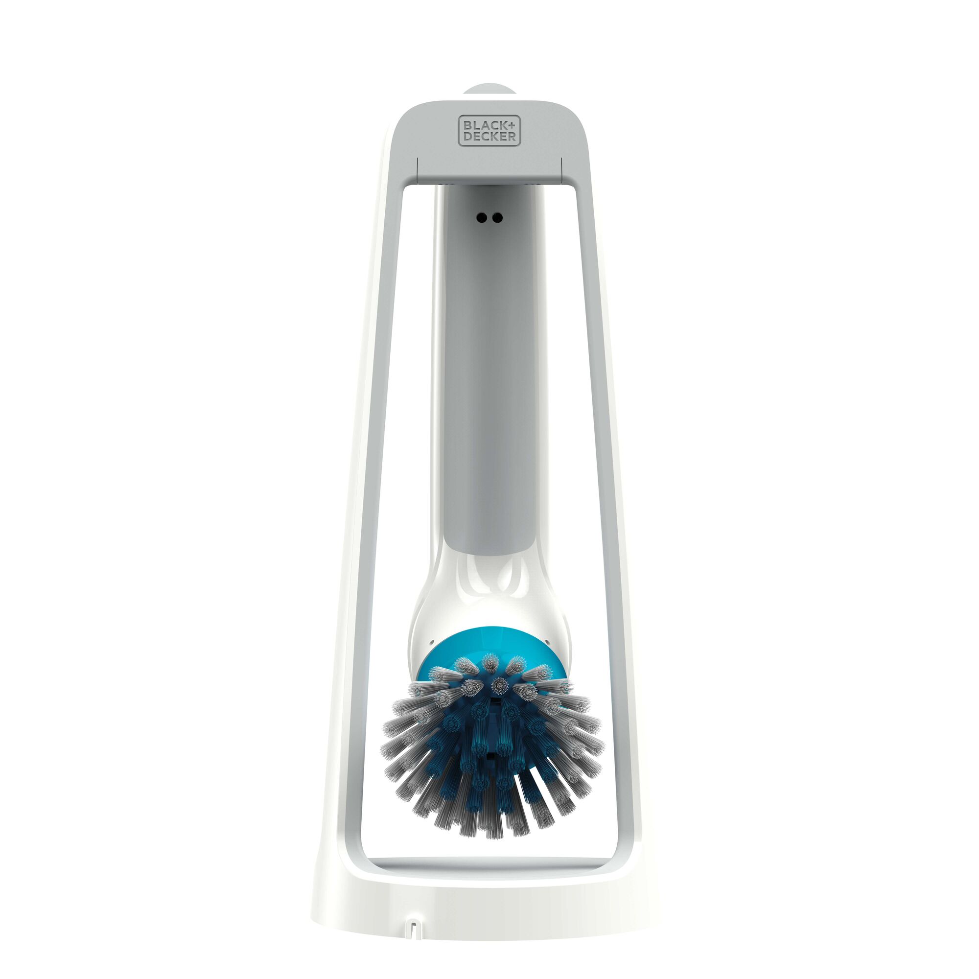 BLACK+DECKER BHPC110 white handheld power scrubber with blue and gray brush head, front angle on white background.