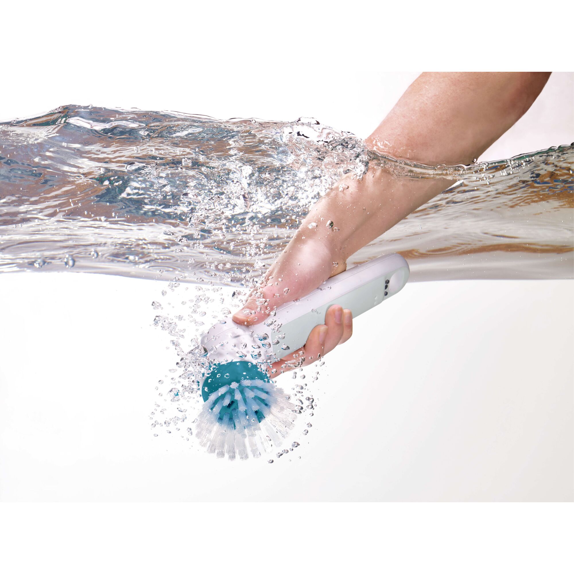 BLACKDECKER BHPC110 handheld scrub brush with blue bristles submerged in water, side angle.