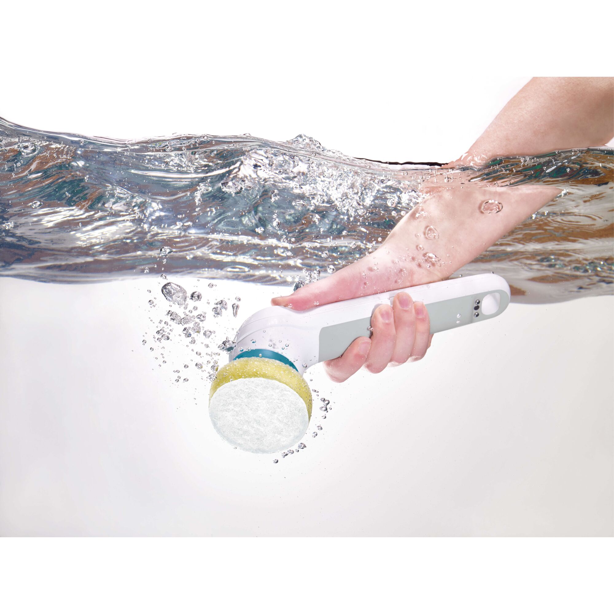 BLACKDECKER BHPC110 handheld cleaning brush in use underwater, featuring white and yellow scrub head.