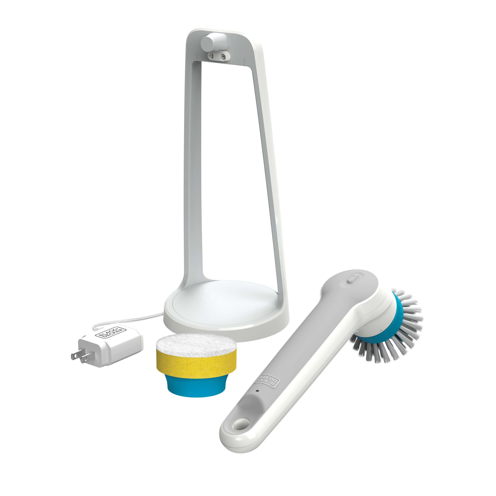 BLACKDECKER BHPC110 electric cleaning brush set with charger, sponge, stand, front angle.