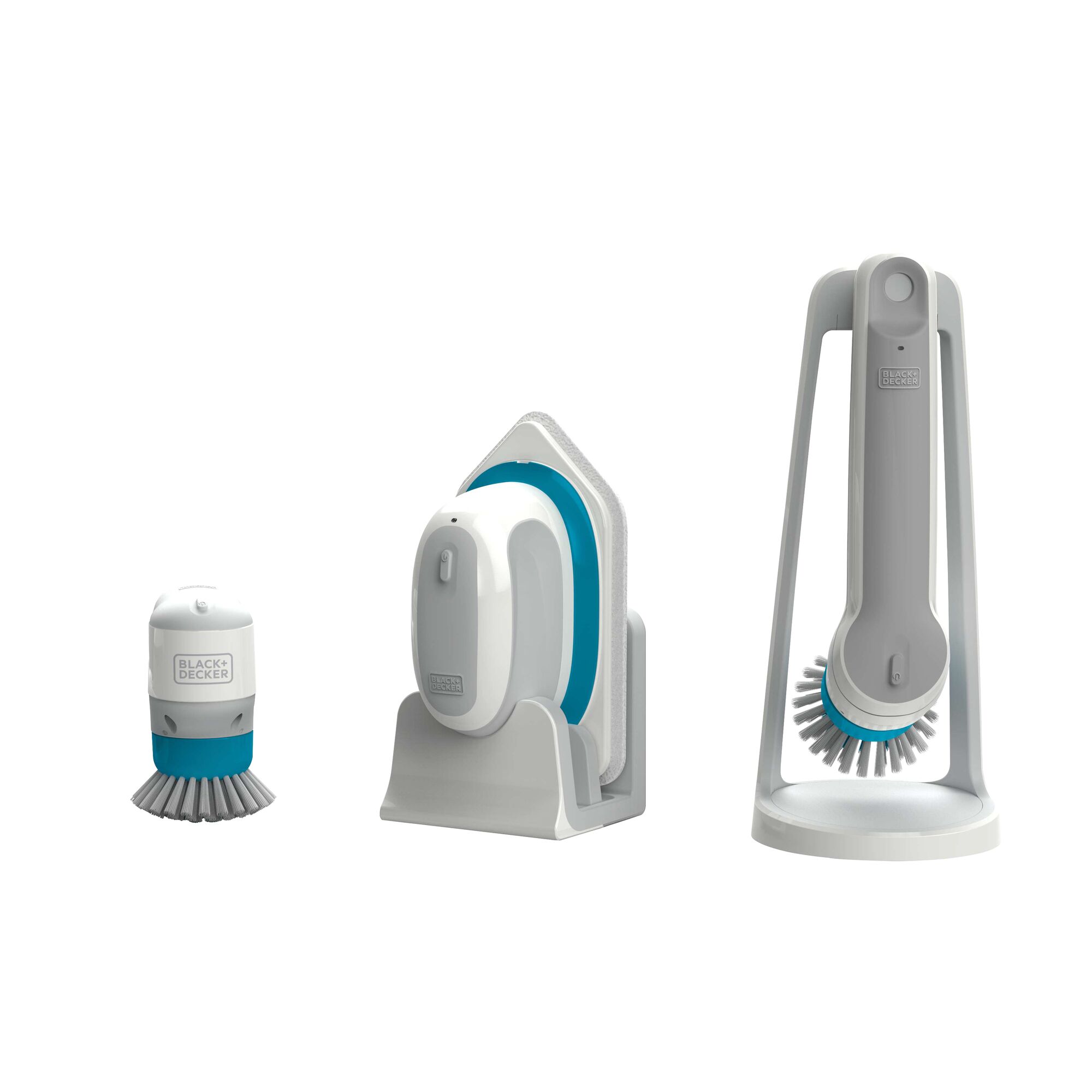 Photo of BLACK+DECKER BHPC110 cleaning brush set, three white and blue scrubbing tools on a white background, front angle.