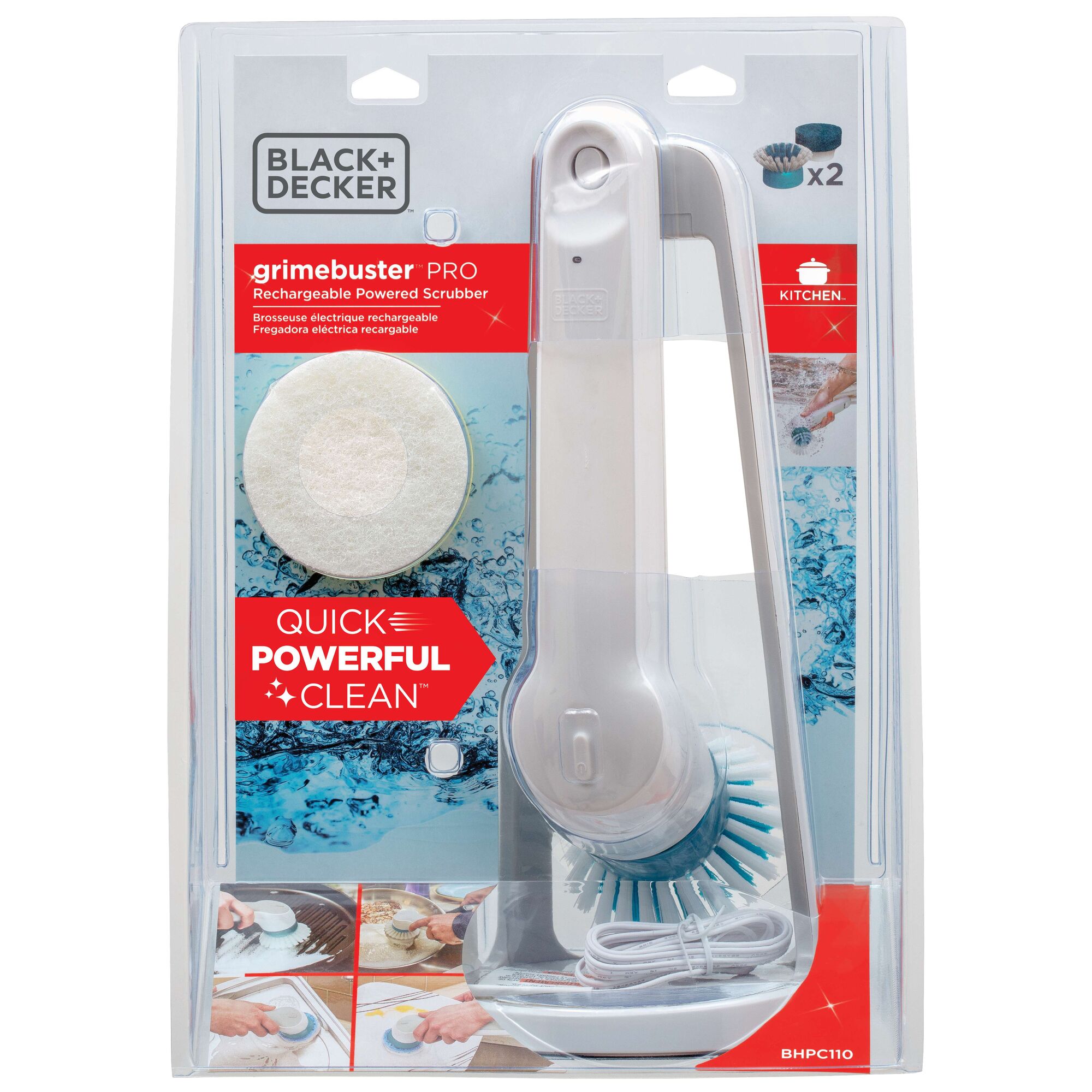 BLACK+DECKER BHPC110 rechargeable powered scrubber with white and blue cleaning brush and extra pad in retail packaging, front view.