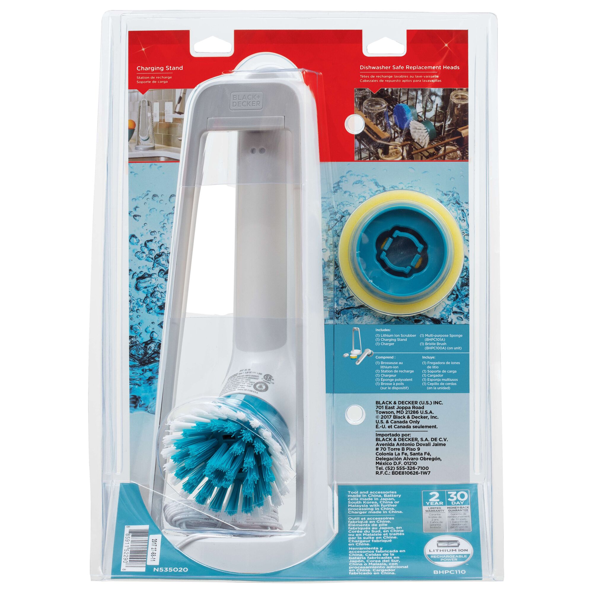 BLACKDECKER BHPC110 handheld scrubber and replacement brush head, packaging, white and blue, front angle.