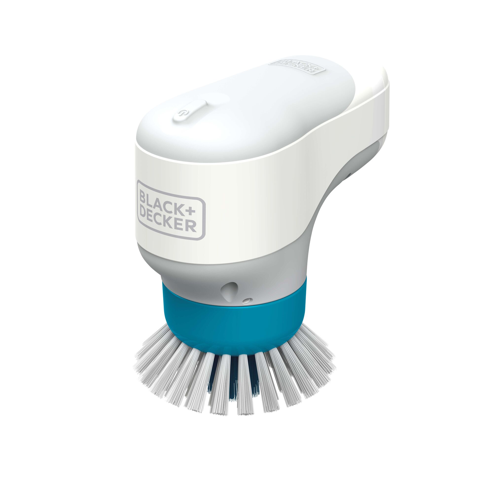 BLACKDECKER BHPC130 handheld scrub brush, white and blue, front angle, product photography.