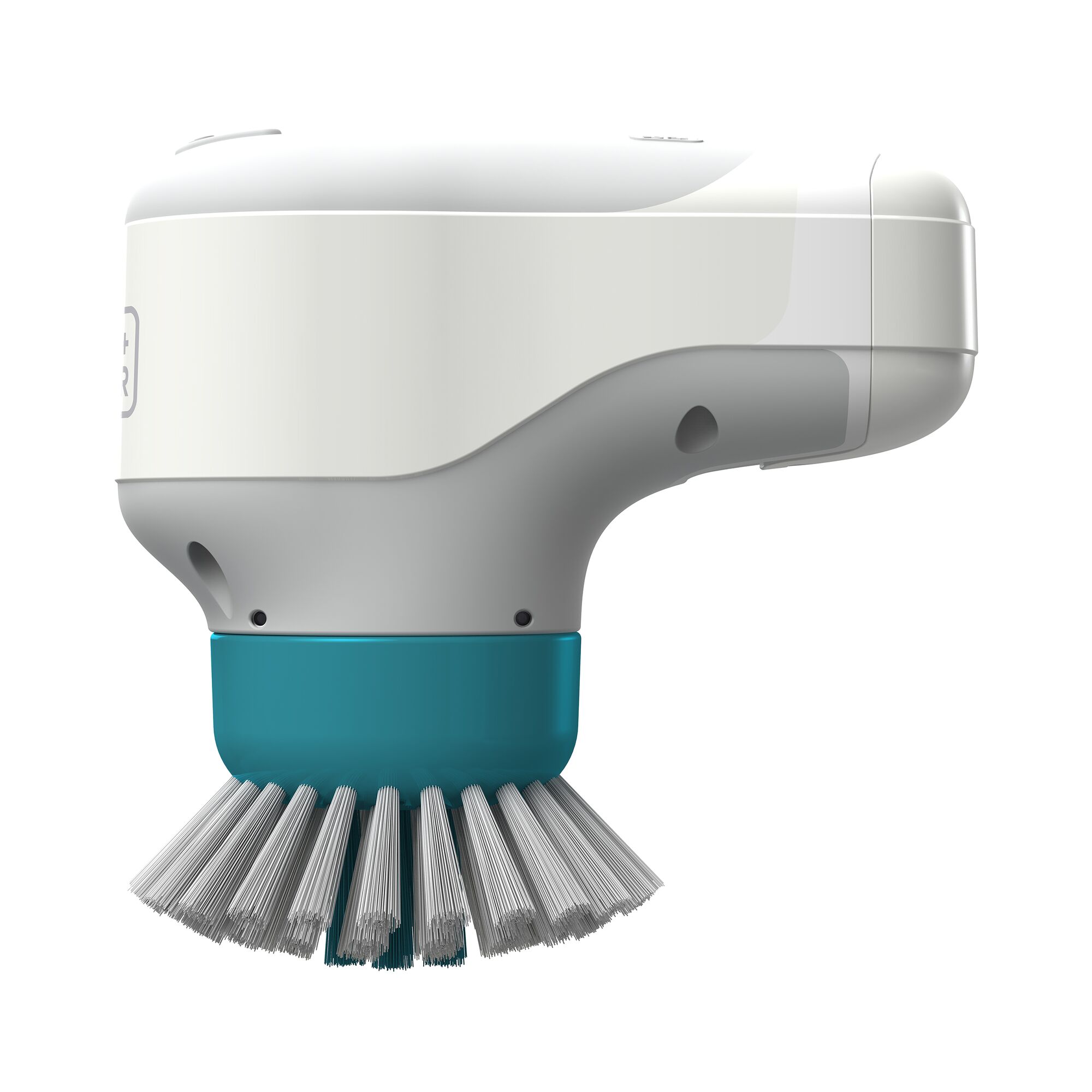 BLACKDECKER BHPC130 handheld scrub brush, side angle, white and teal, photography