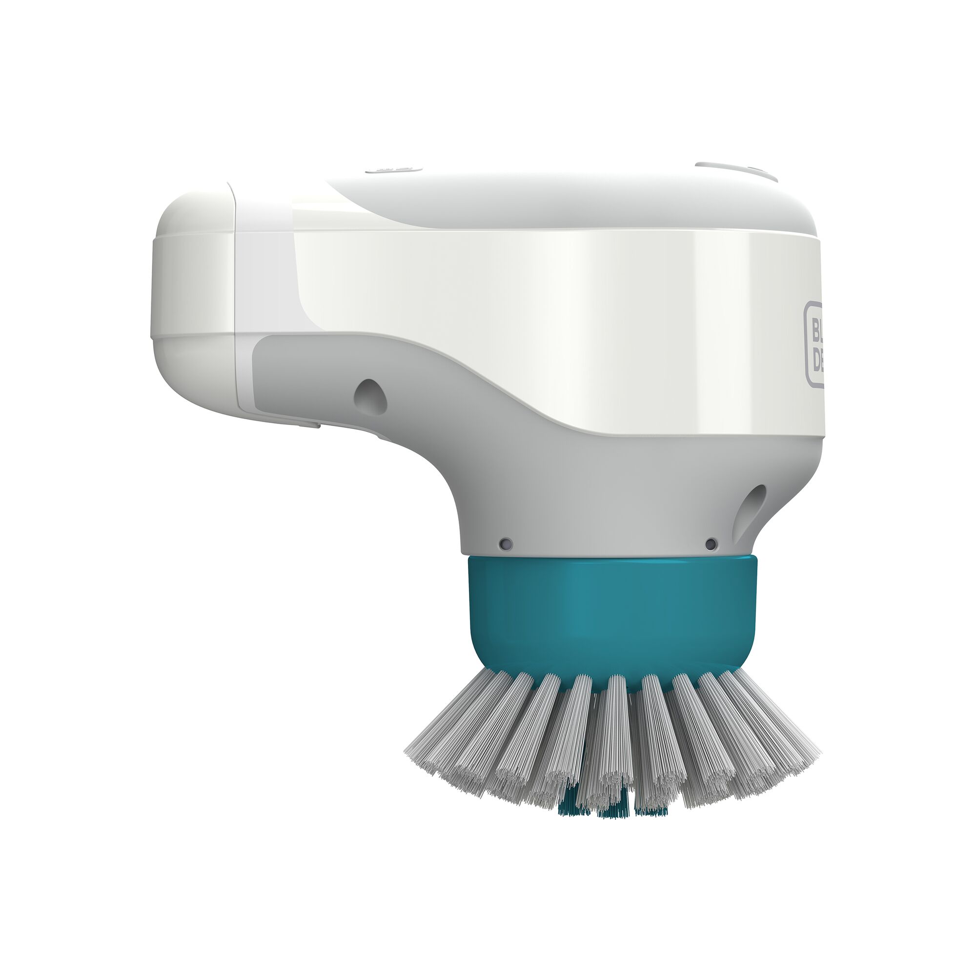 BLACKDECKER BHPC130 handheld cleaning brush with white body and blue bristle head, side view.