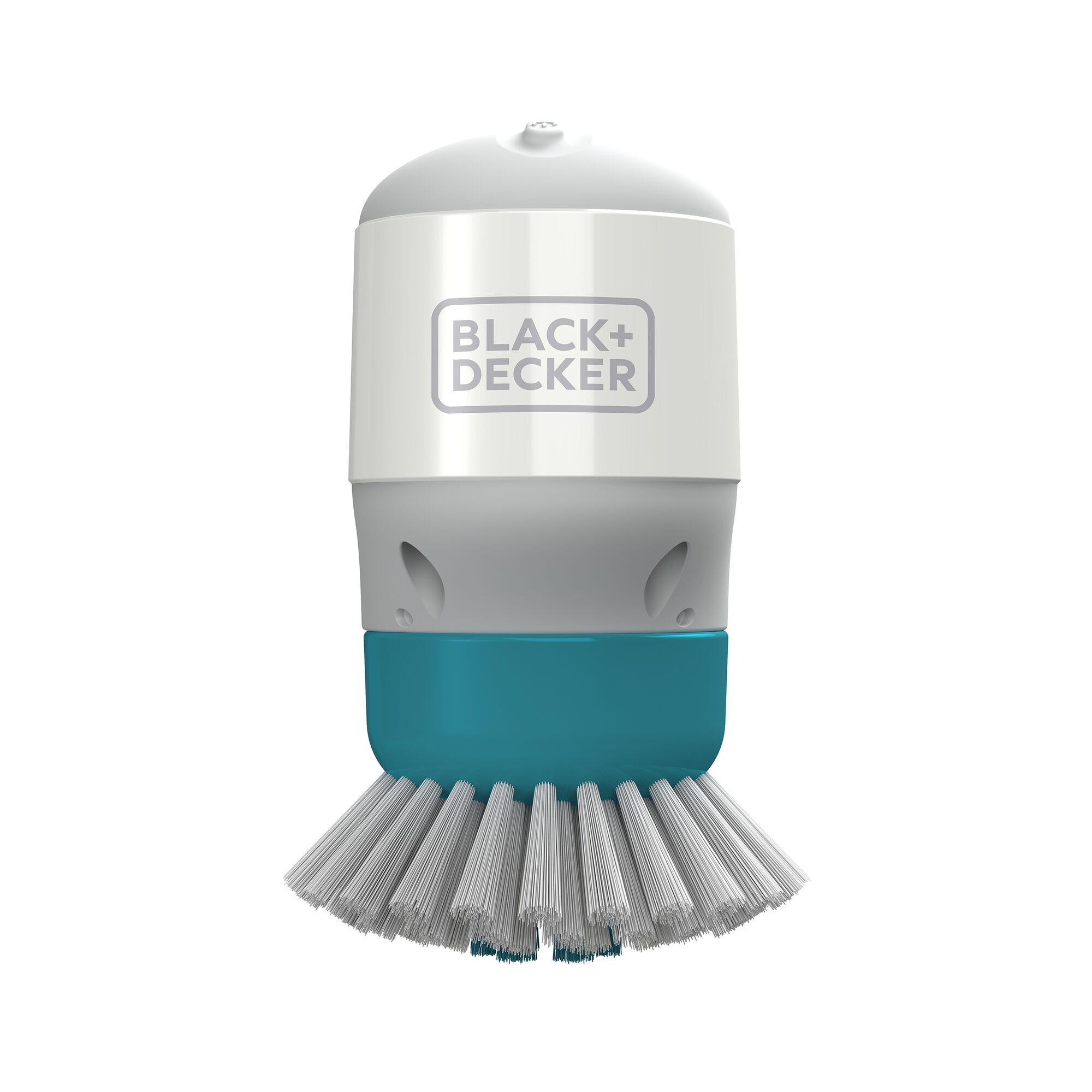 BLACKDECKER BHPC130 handheld scrub brush, white and teal, product front angle, cleaning tool.
