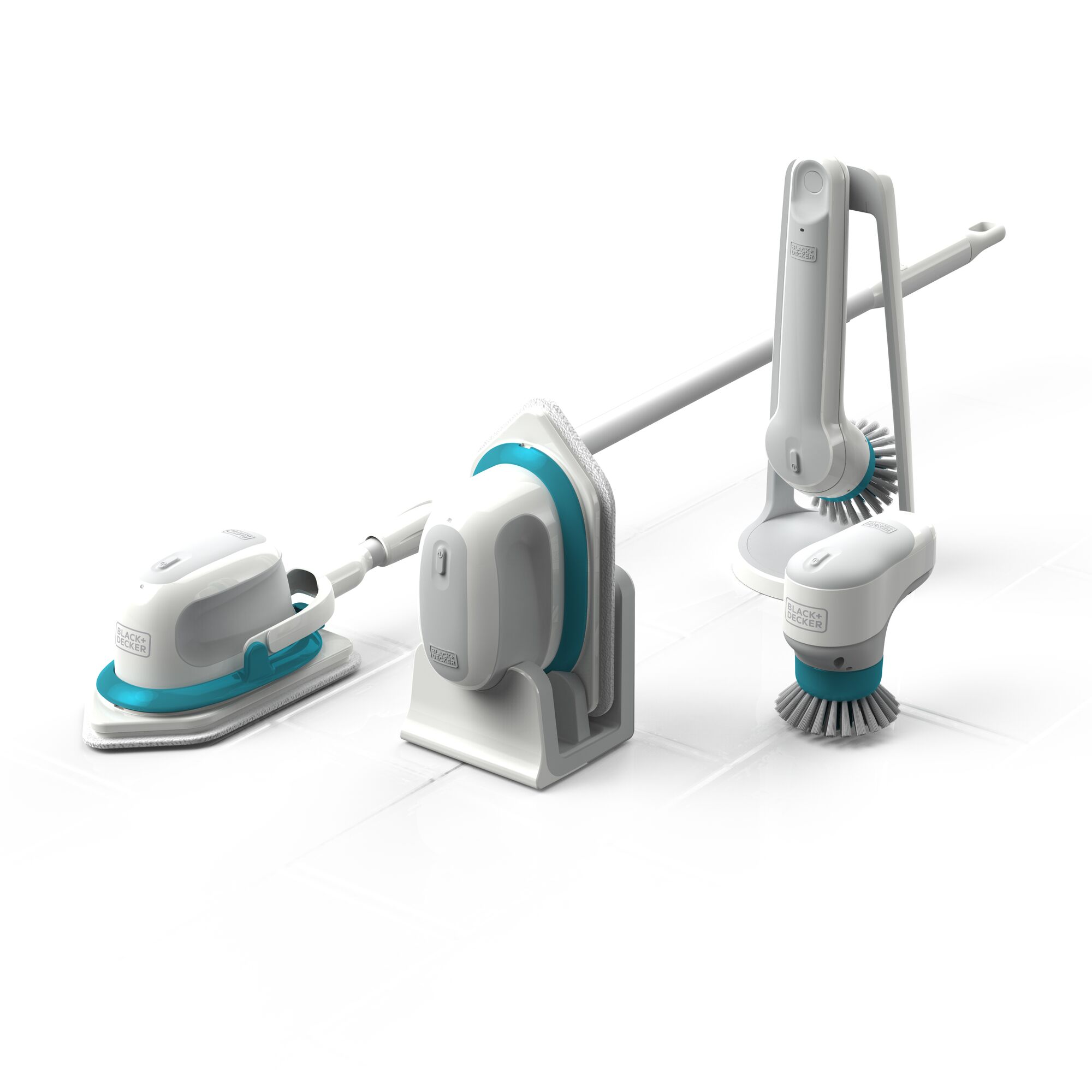 BLACKDECKER BHPC130 white and blue cordless cleaning tools set, angled on white background.