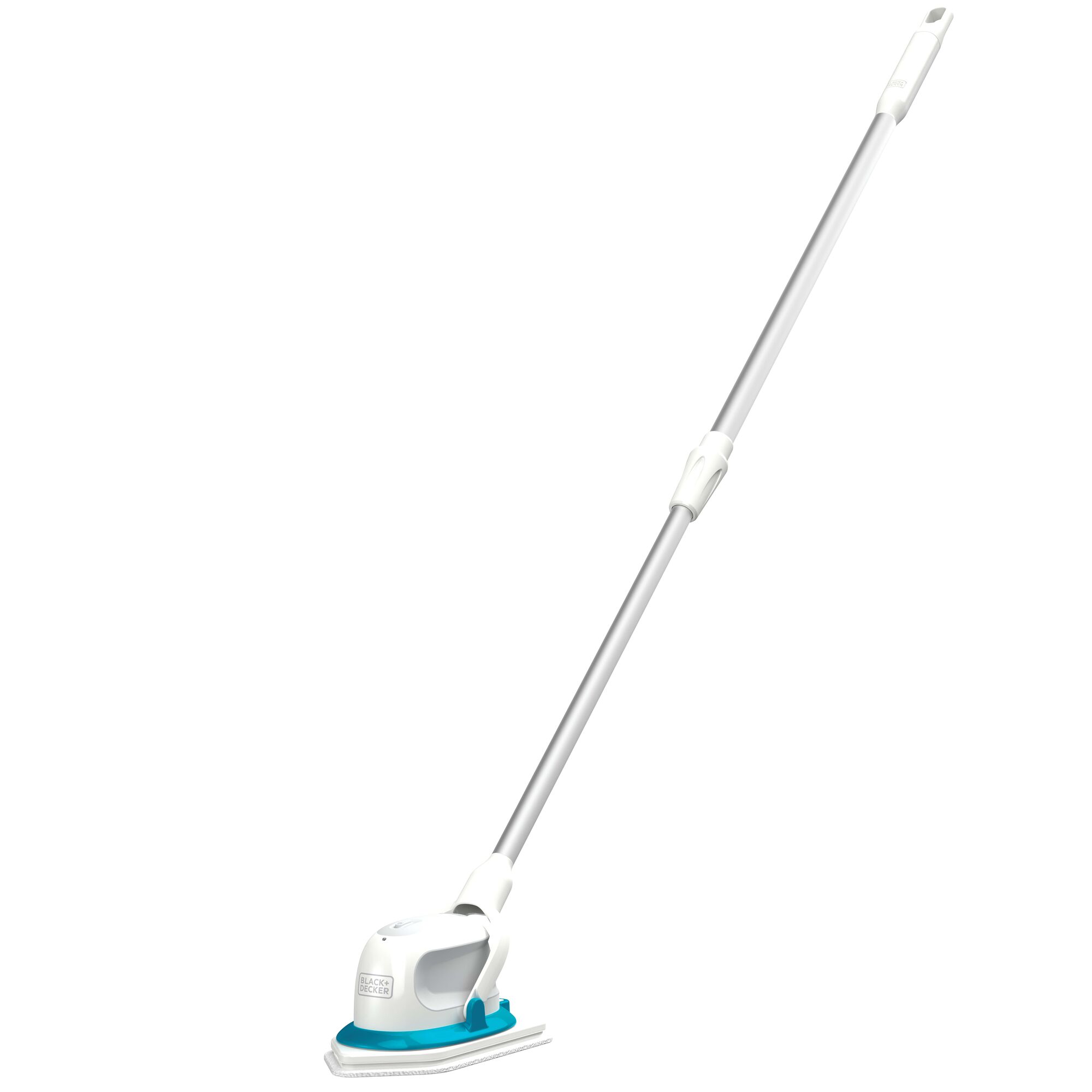 BLACKDECKER BHPC220 white and blue handheld power scrubber with long handle, side angle photo.