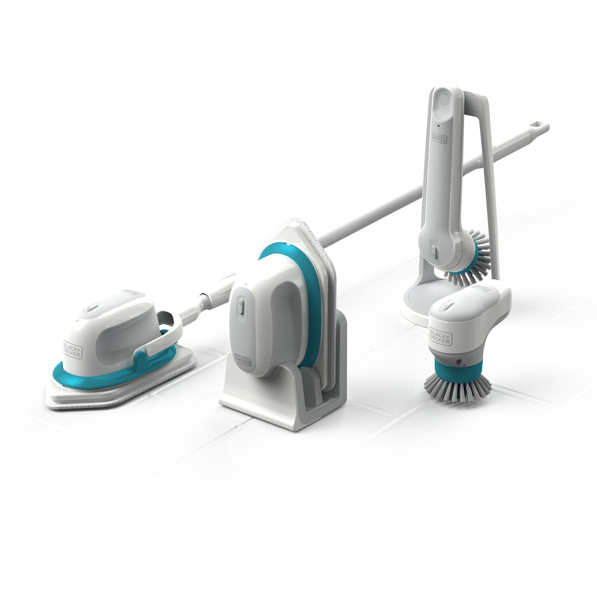 BLACKDECKER BHPC220 cleaning tool set, white and blue, multiple attachments, studio angle