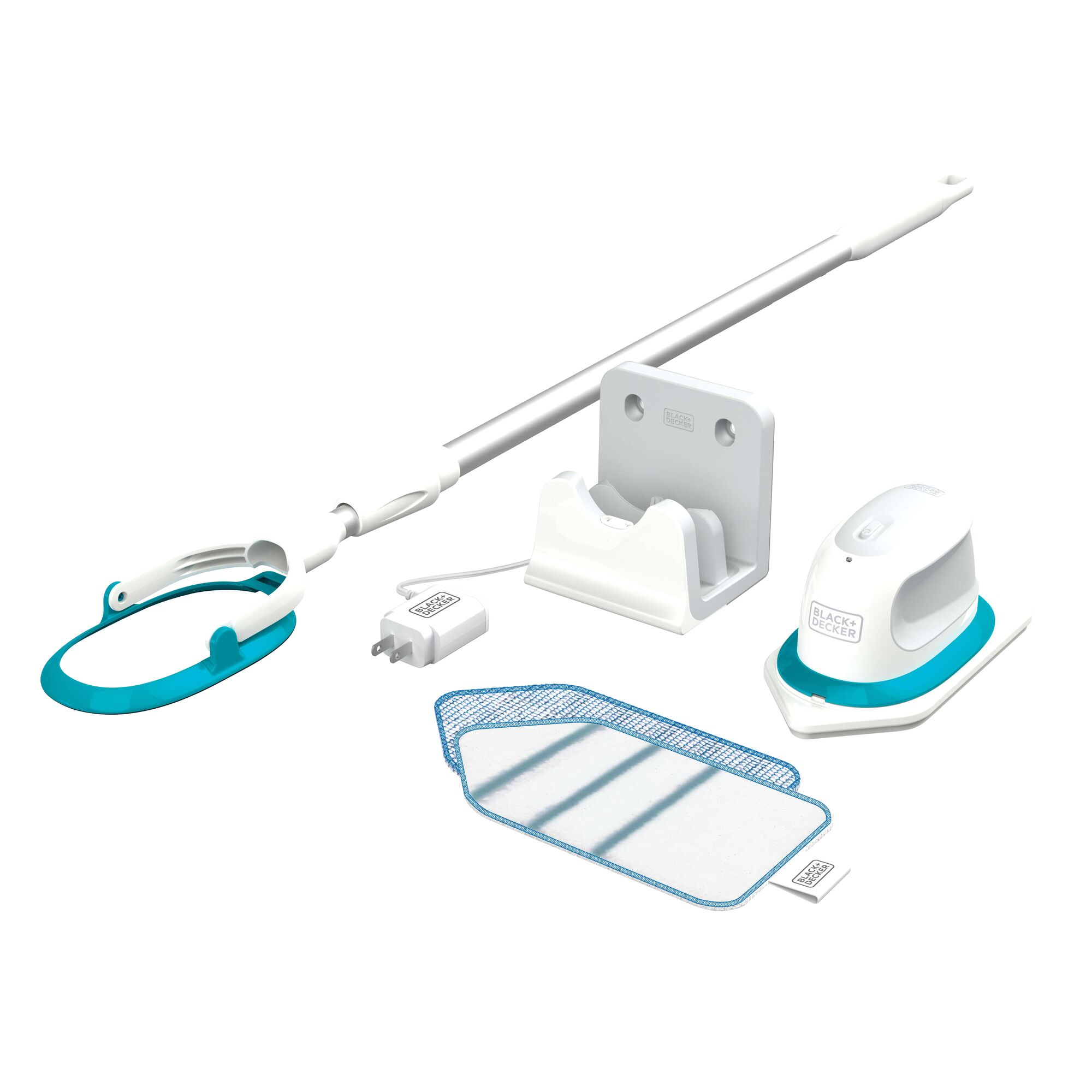 BLACK+DECKER BHPC220 white and blue portable scrubber cleaning kit with charging dock, power adapter, handle, and pads, front angle.