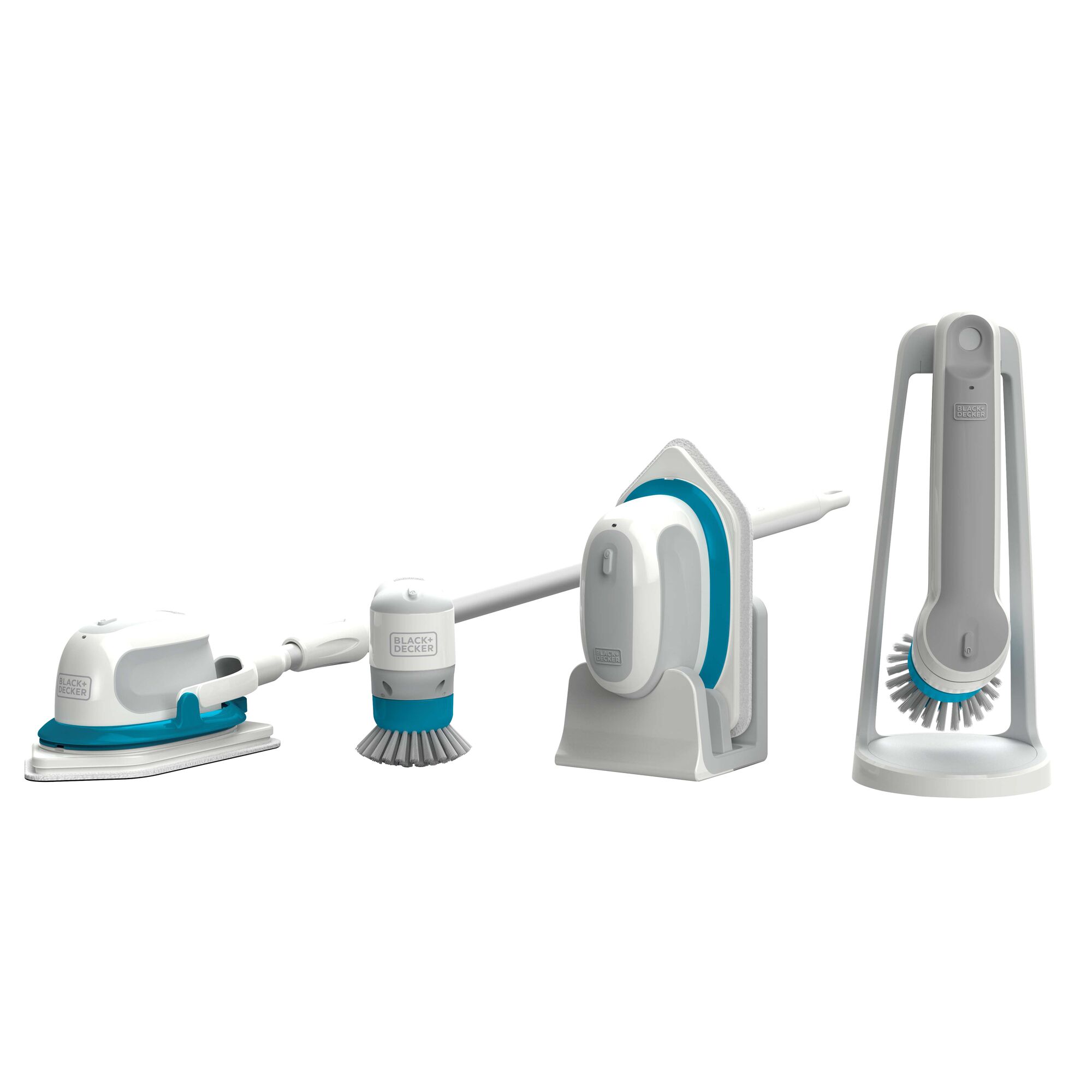 Photo of BLACKDECKER BHPC220 cleaning tools set, including white and blue scrubbers and accessories, front view.