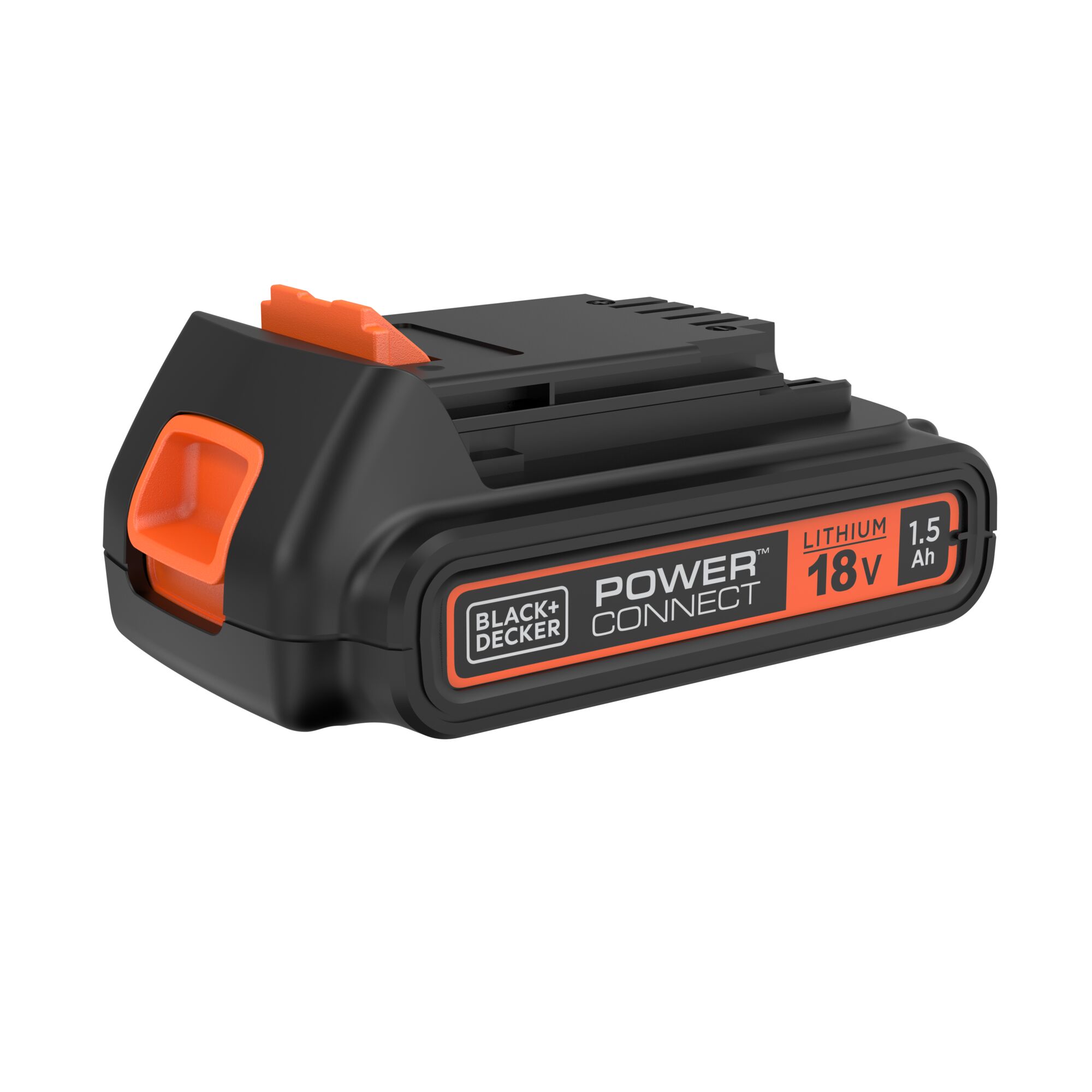 BLACKDECKER BL1518 lithium 18V 1.5Ah battery pack, black and orange, angled side view, on white background.
