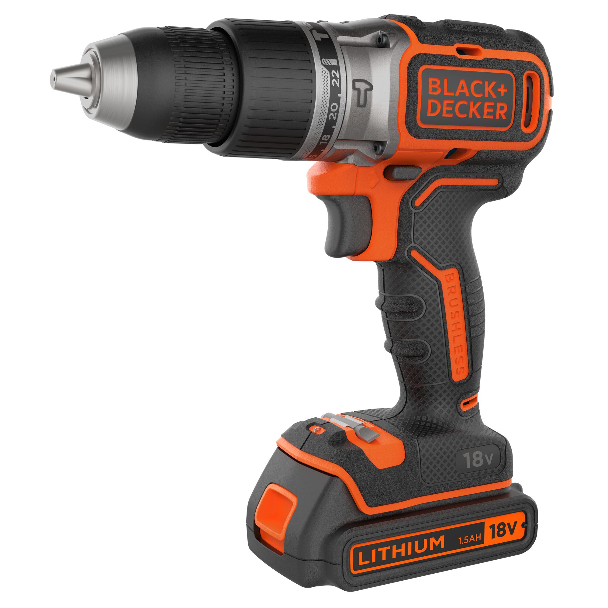 A BLACK+DECKER 18V cordless lithium brushless drill with orange and black design, featuring a textured grip and adjustable torque settings.