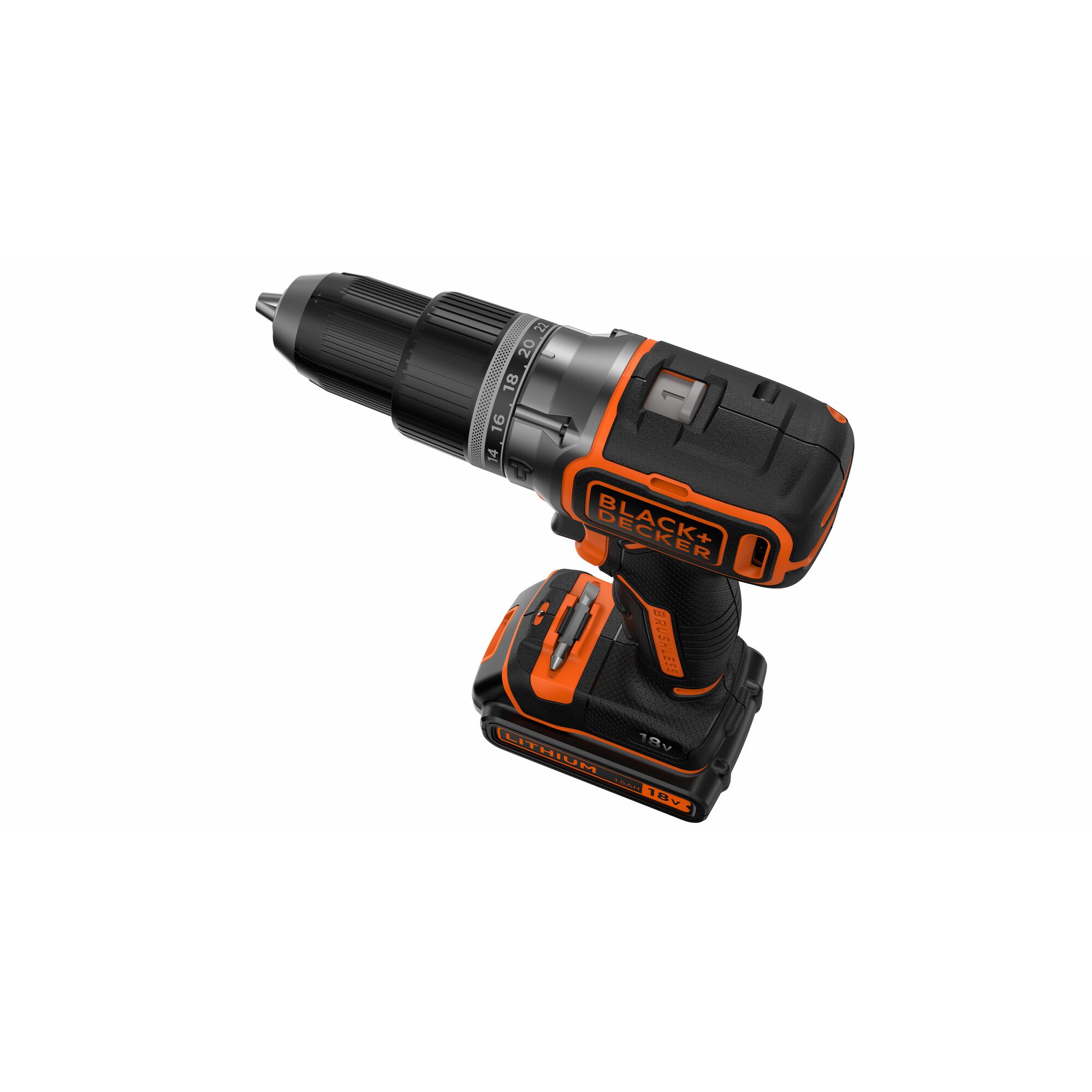 A BLACK+DECKER cordless power drill with lithium-ion battery, shown in black and orange colors.