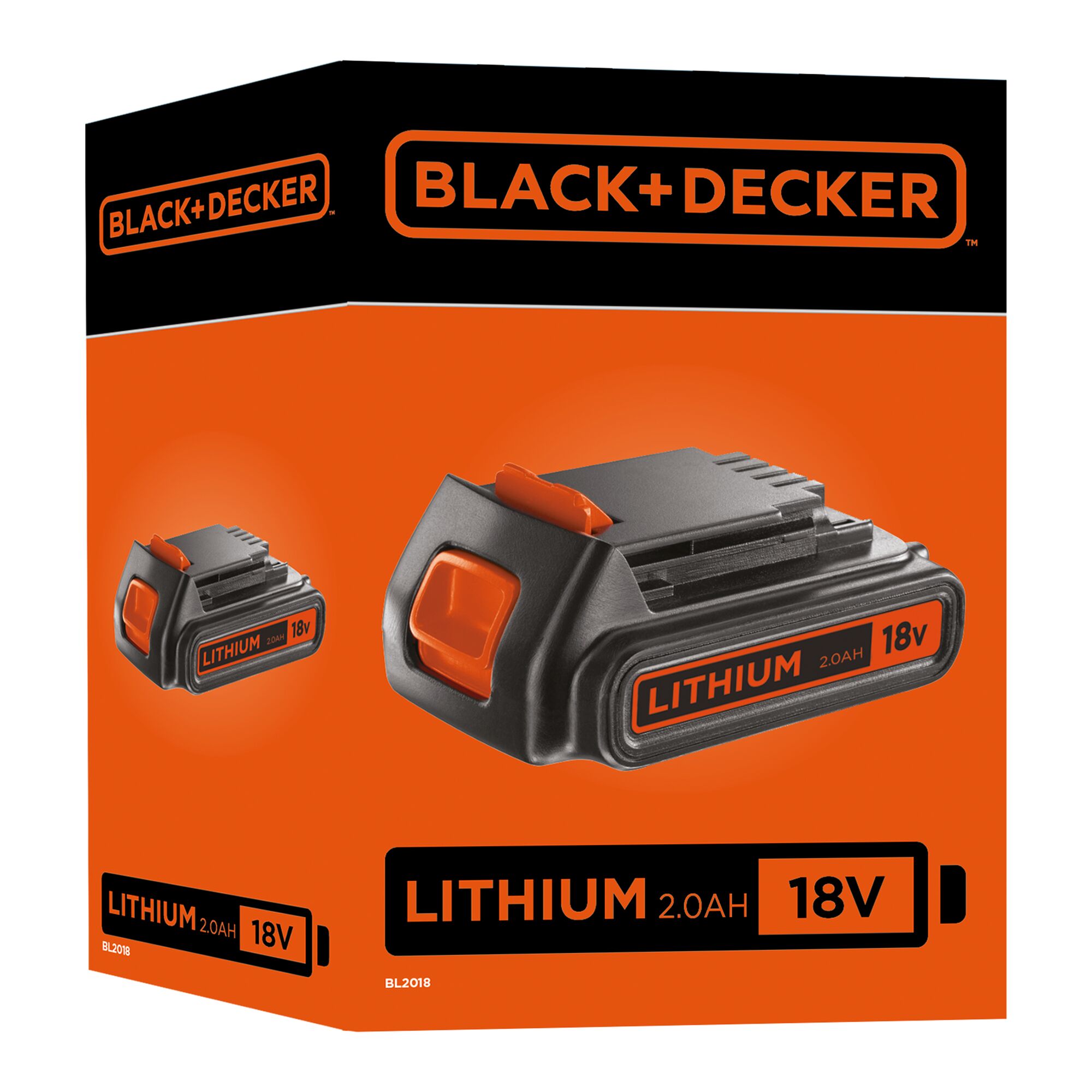 BLACK+DECKER BL2018 18V lithium battery packaging, orange and black color, front angle.