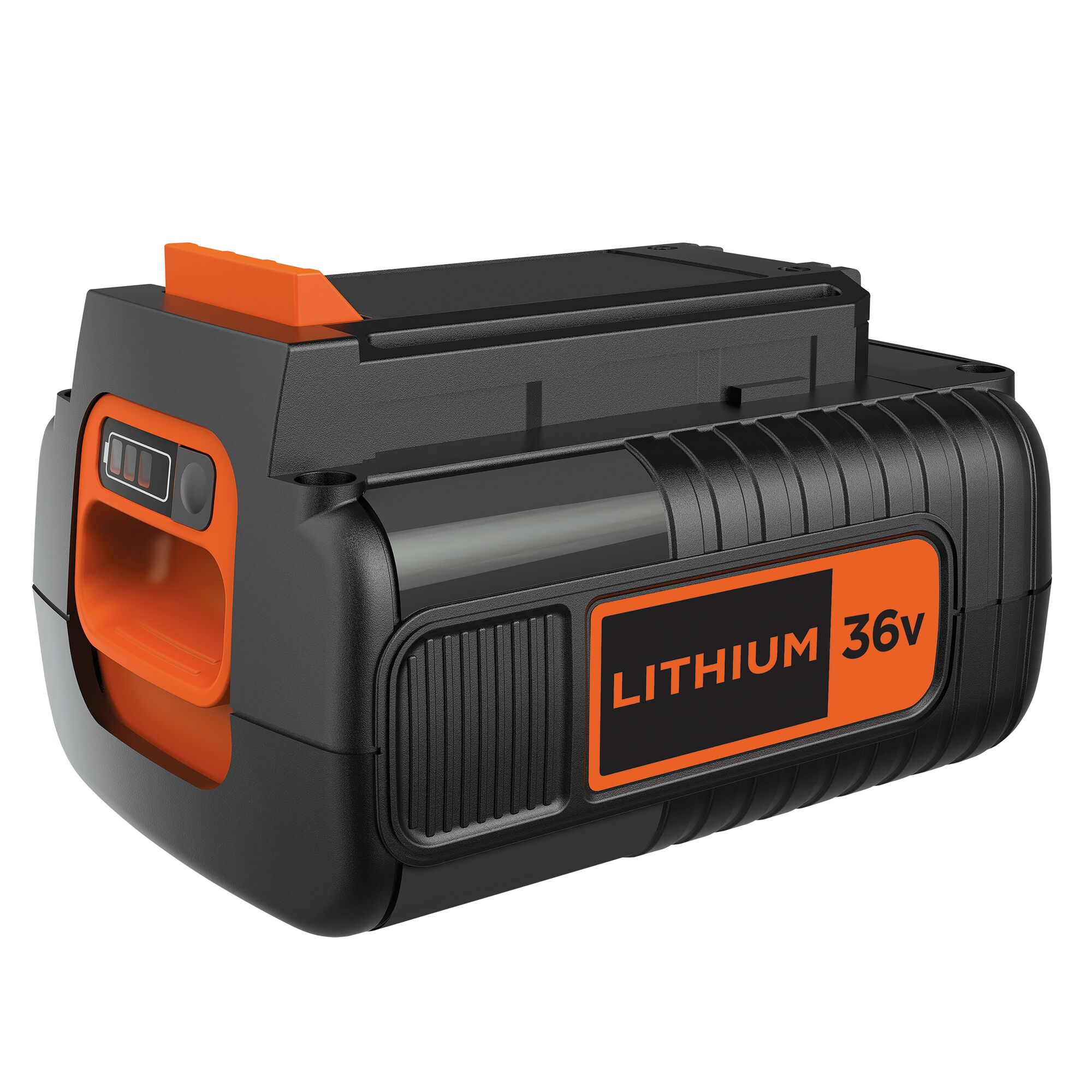 BLACK+DECKER BL20362 lithium 36V battery pack, black and orange, front angle on white background.