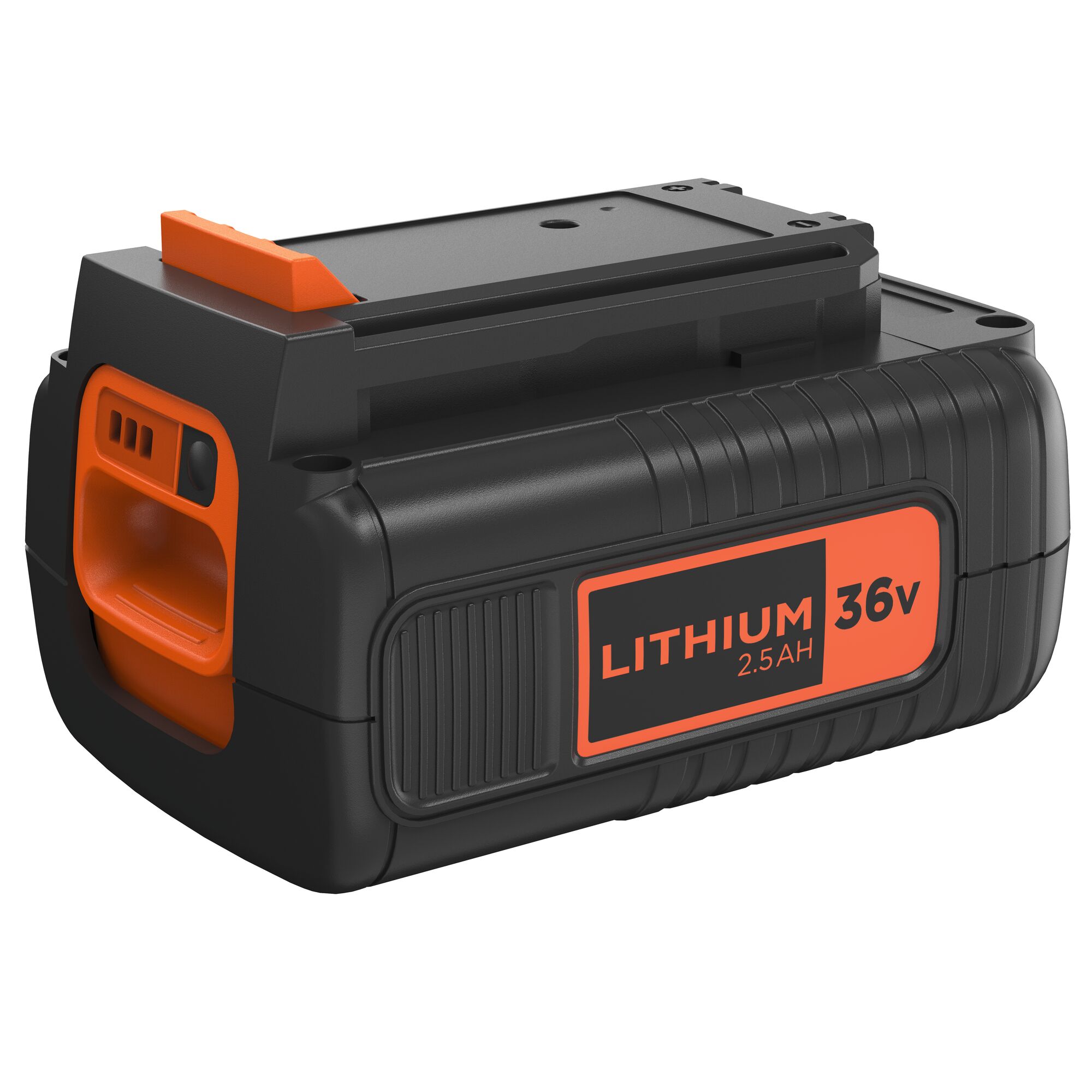 BLACKDECKER BL2536 lithium 36V 2.5Ah battery, black and orange, angled studio shot.