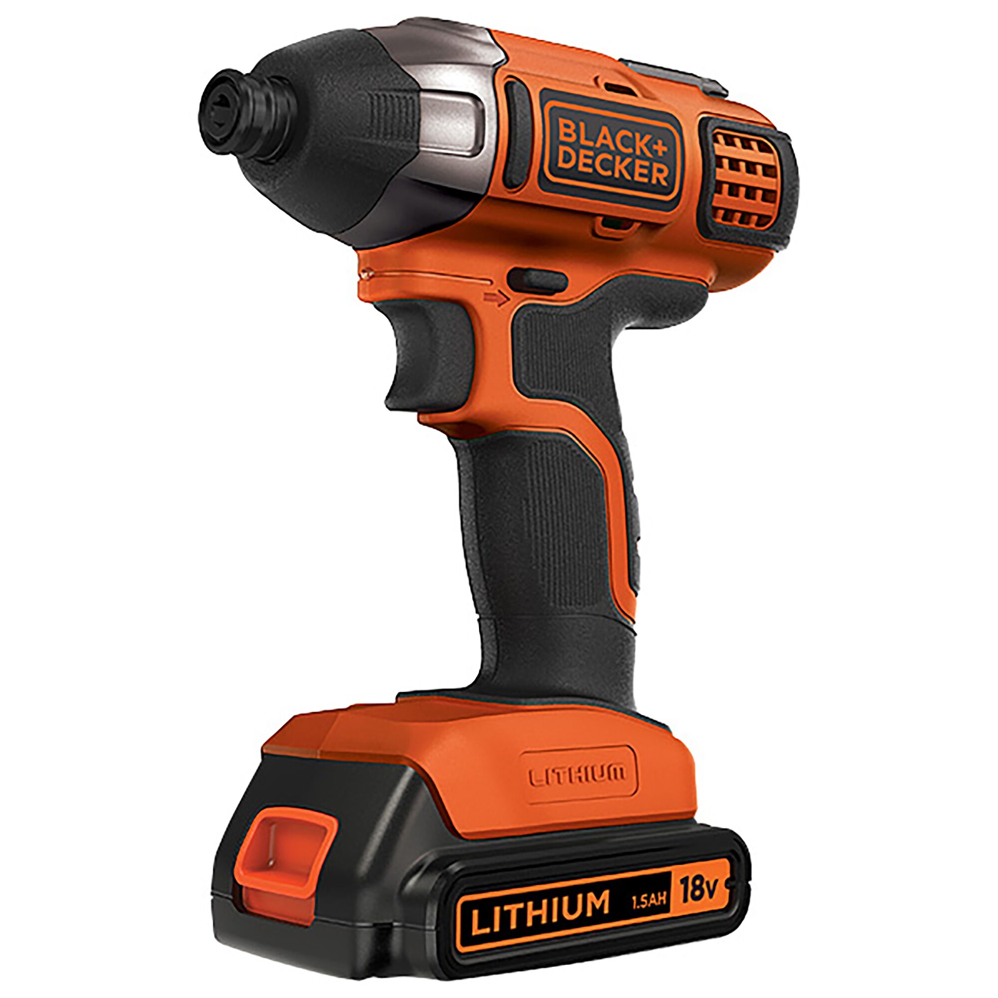 BLACK+DECKER BPCI18K1 cordless impact driver, orange and black, side angle, 18V lithium battery.