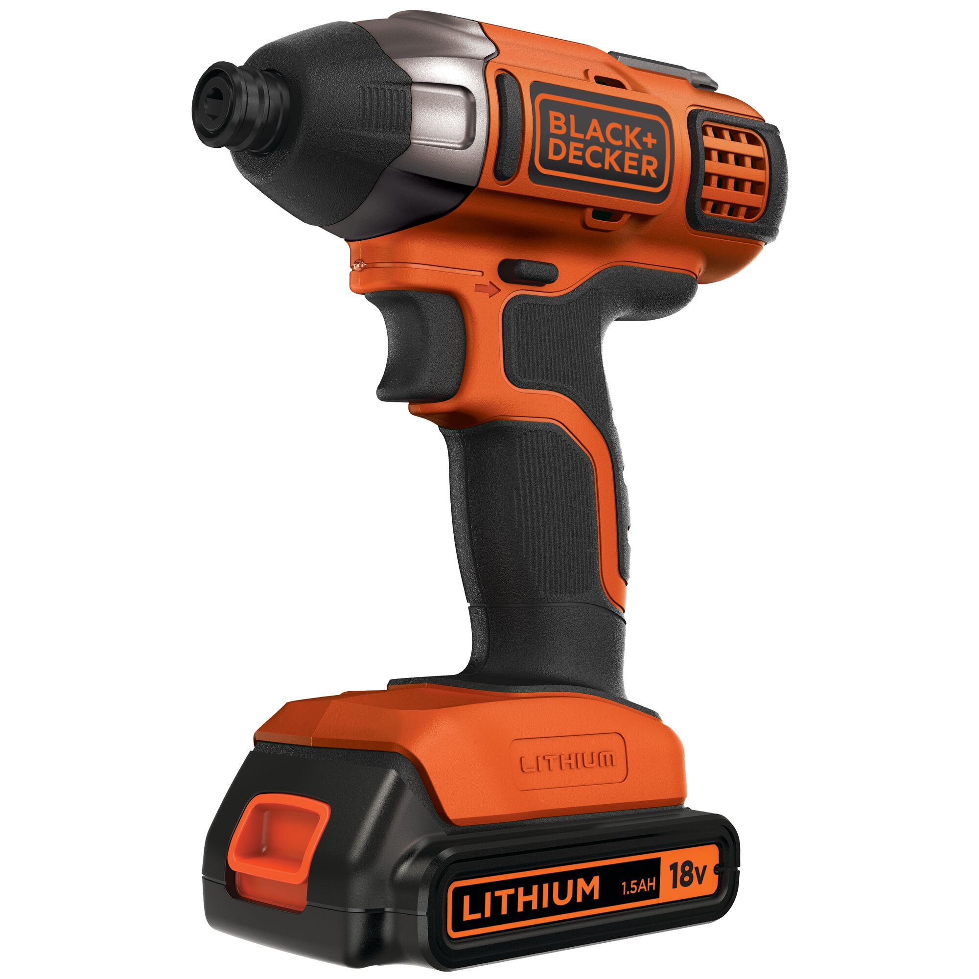 BLACK+DECKER BPCI18 cordless impact driver, orange and black, front angle, Lithium 18V battery.