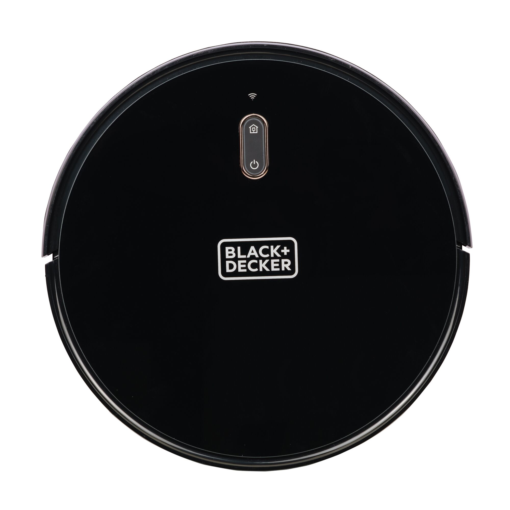 BLACKDECKER BRVA425B00 black robotic vacuum cleaner top view on white background.