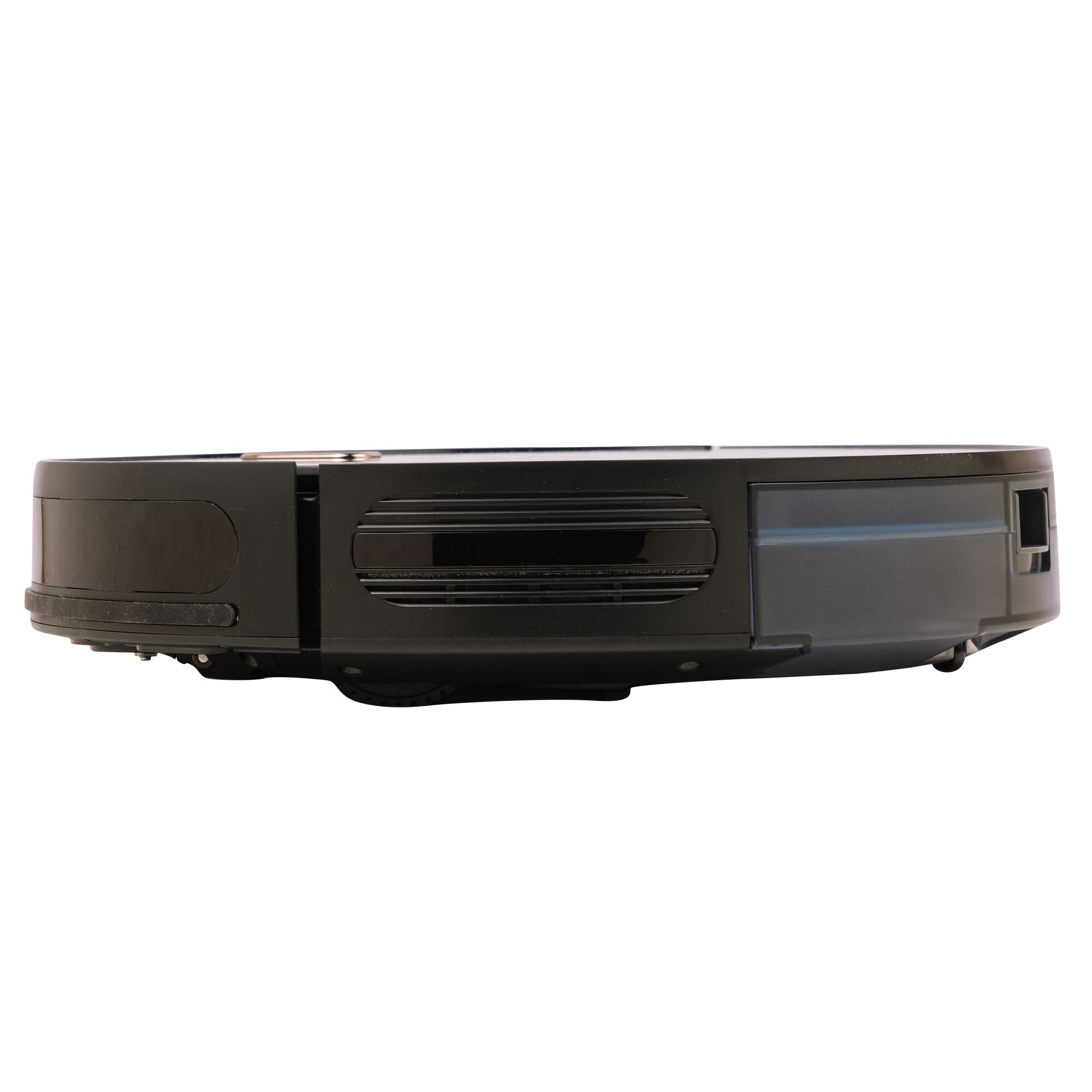 BLACKDECKER BRVA425B00 robot vacuum cleaner, black, side view, photography with white background.