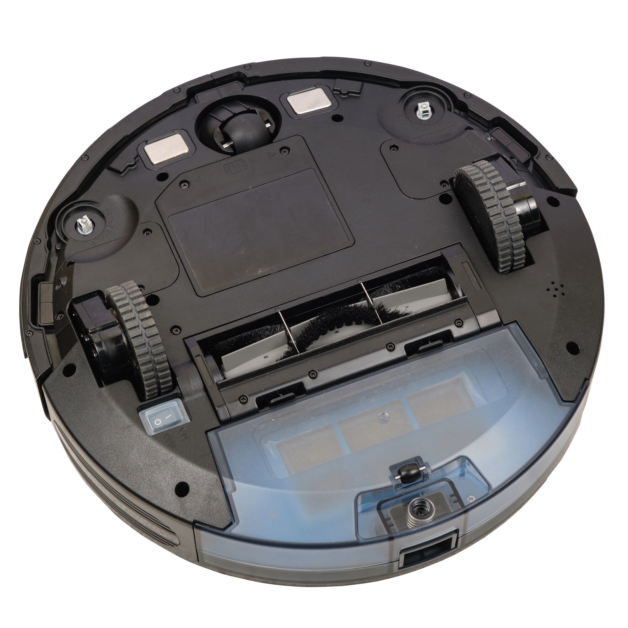 BLACKDECKER BRVA425B00 robot vacuum bottom view, showing wheels, brush and dustbin on white background