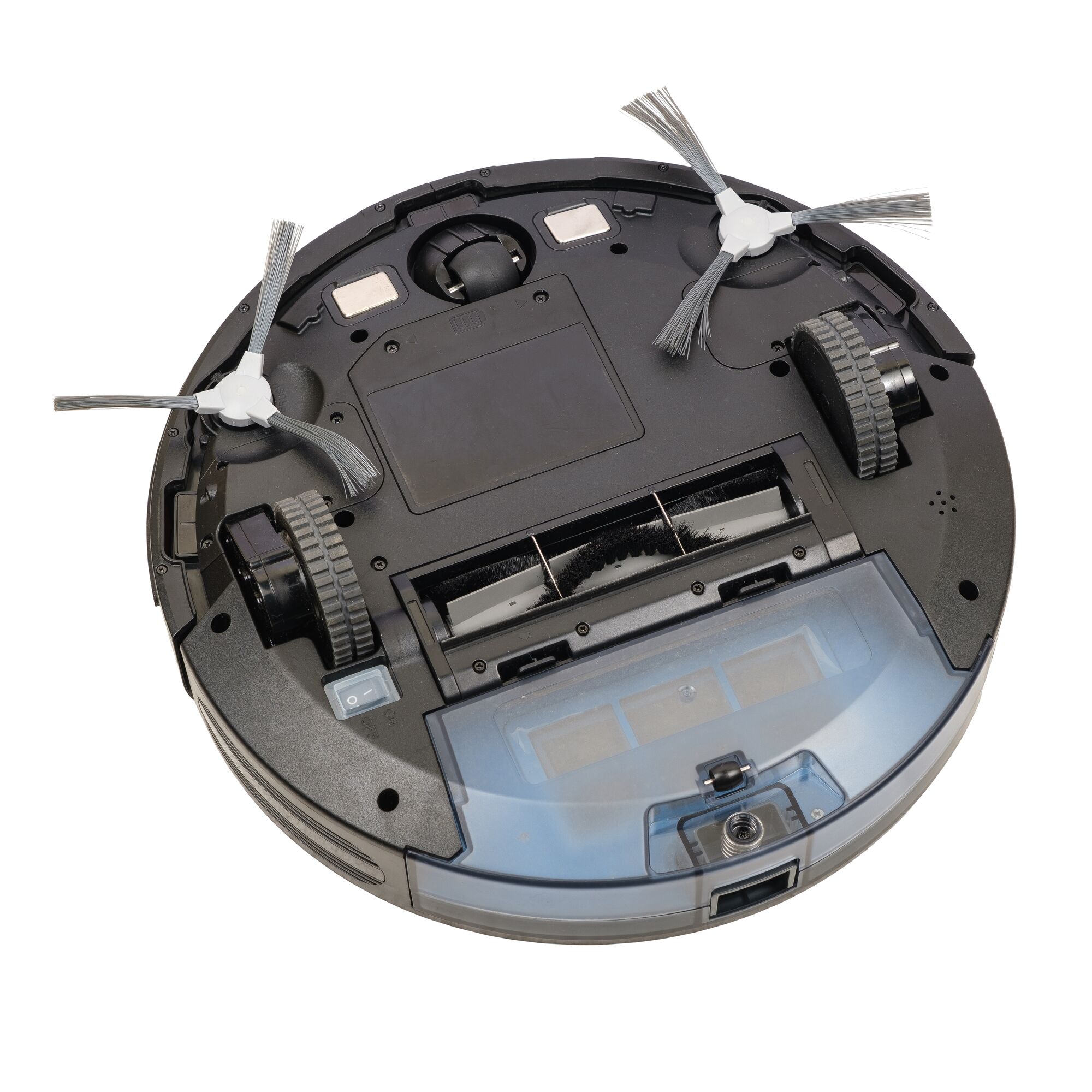 BLACKDECKER BRVA425B00 photography of robotic vacuum cleaner, bottom view on white background.