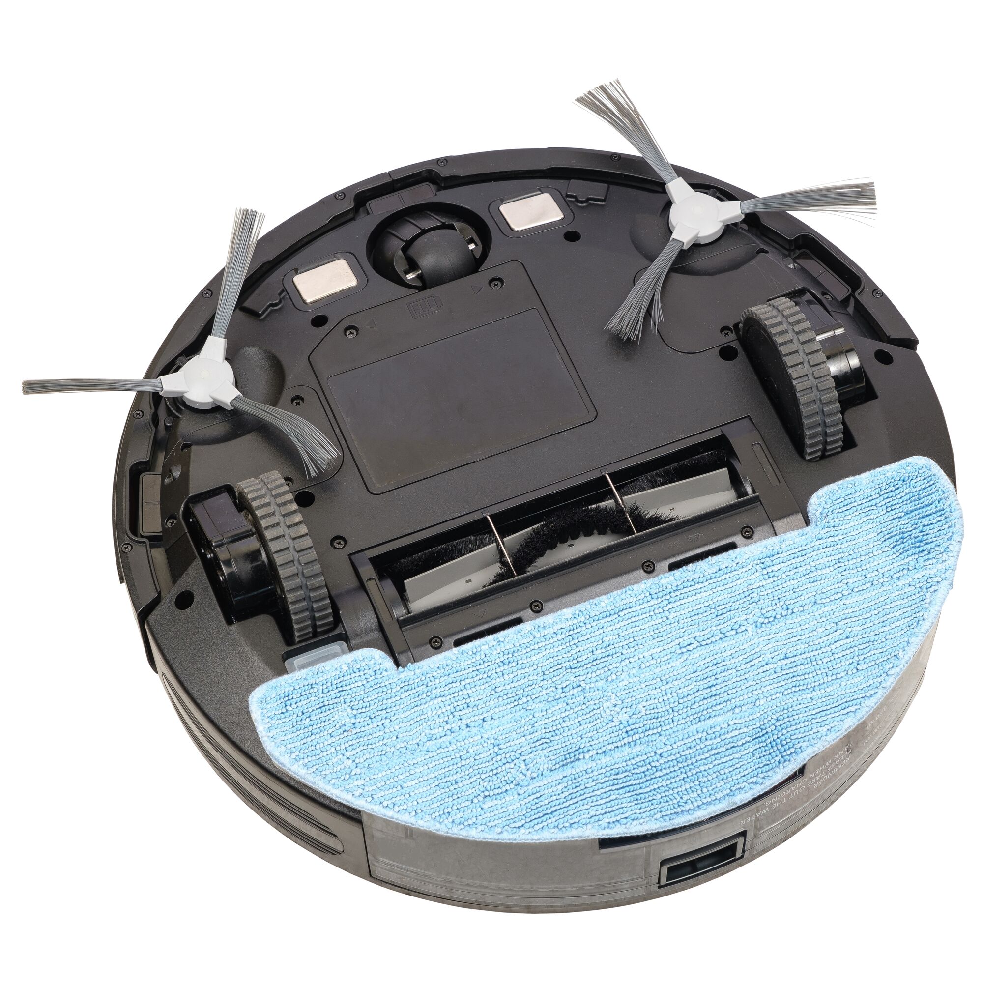 BLACKDECKER BRVA425B00 robot vacuum bottom view with dual side brushes, wheels, and blue cleaning pad.