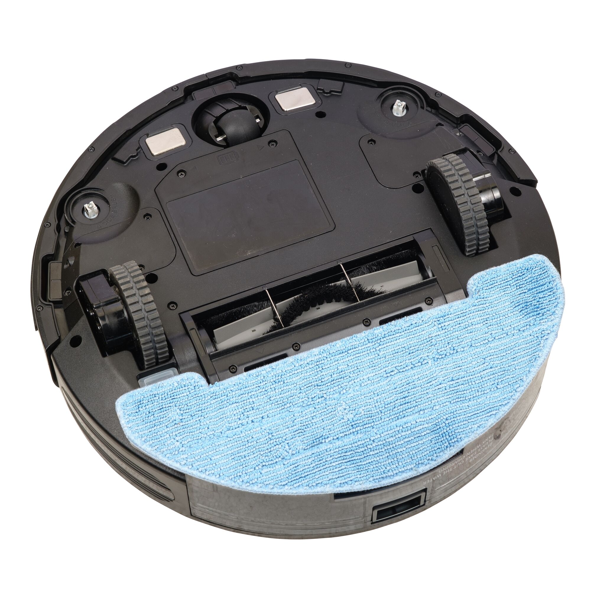 BLACKDECKER BRVA425B00 robot vacuum bottom view with blue cleaning pad on white background.