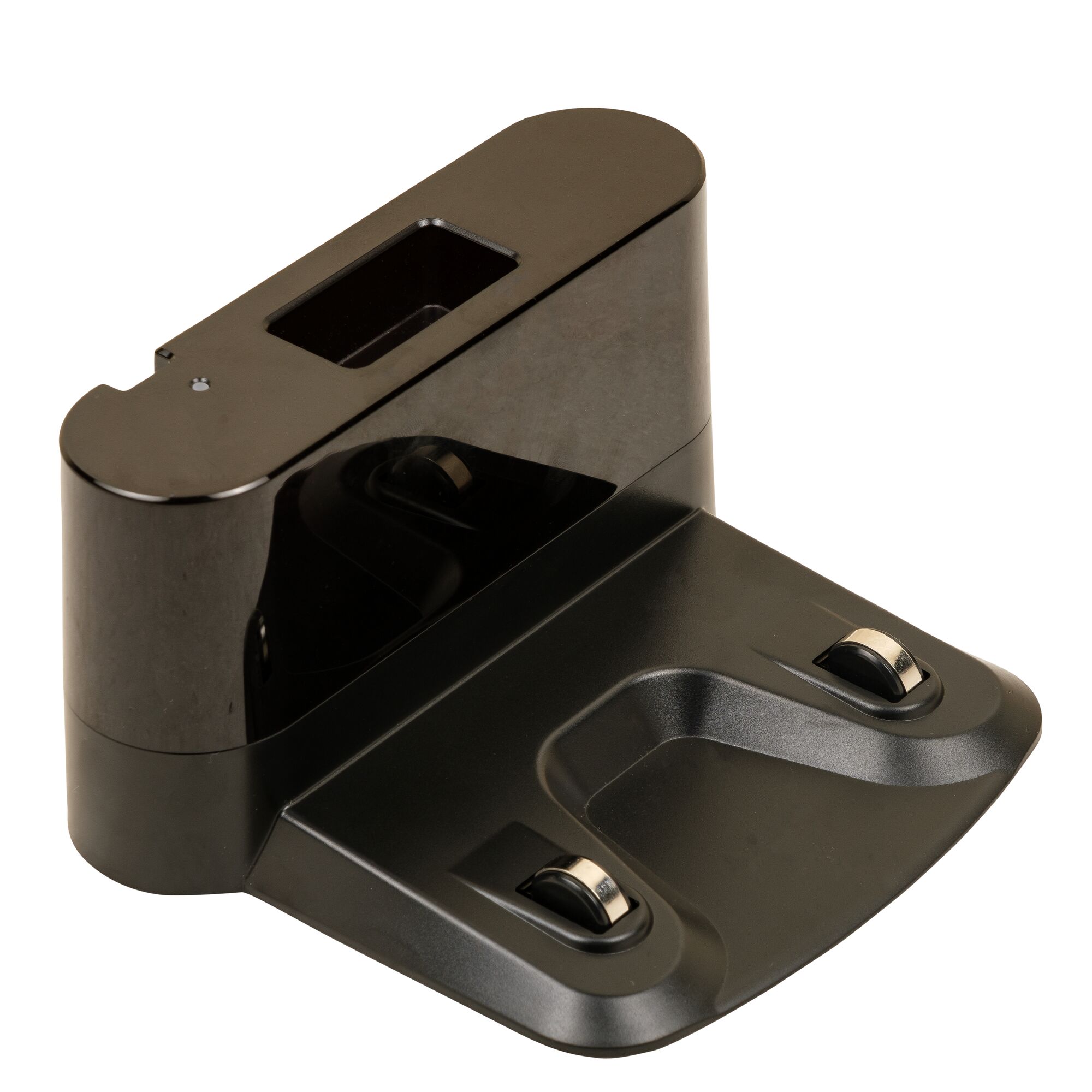 BLACKDECKER BRVA425B00 black robot vacuum charging dock, angled view on white background