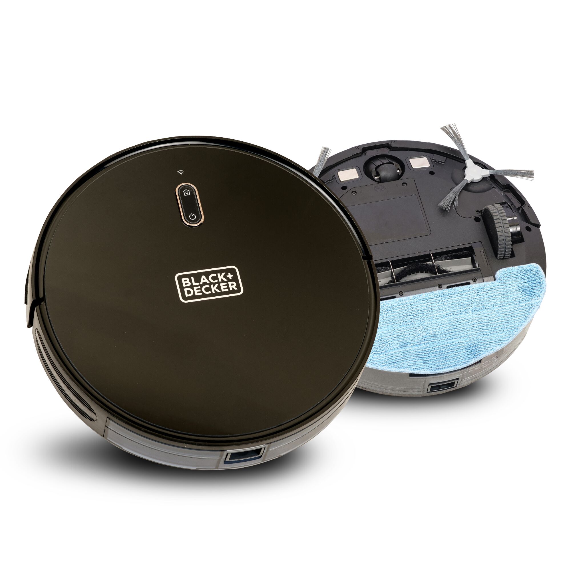BLACK+DECKER BRVA425B00 robot vacuum cleaner, front and bottom view on white background.