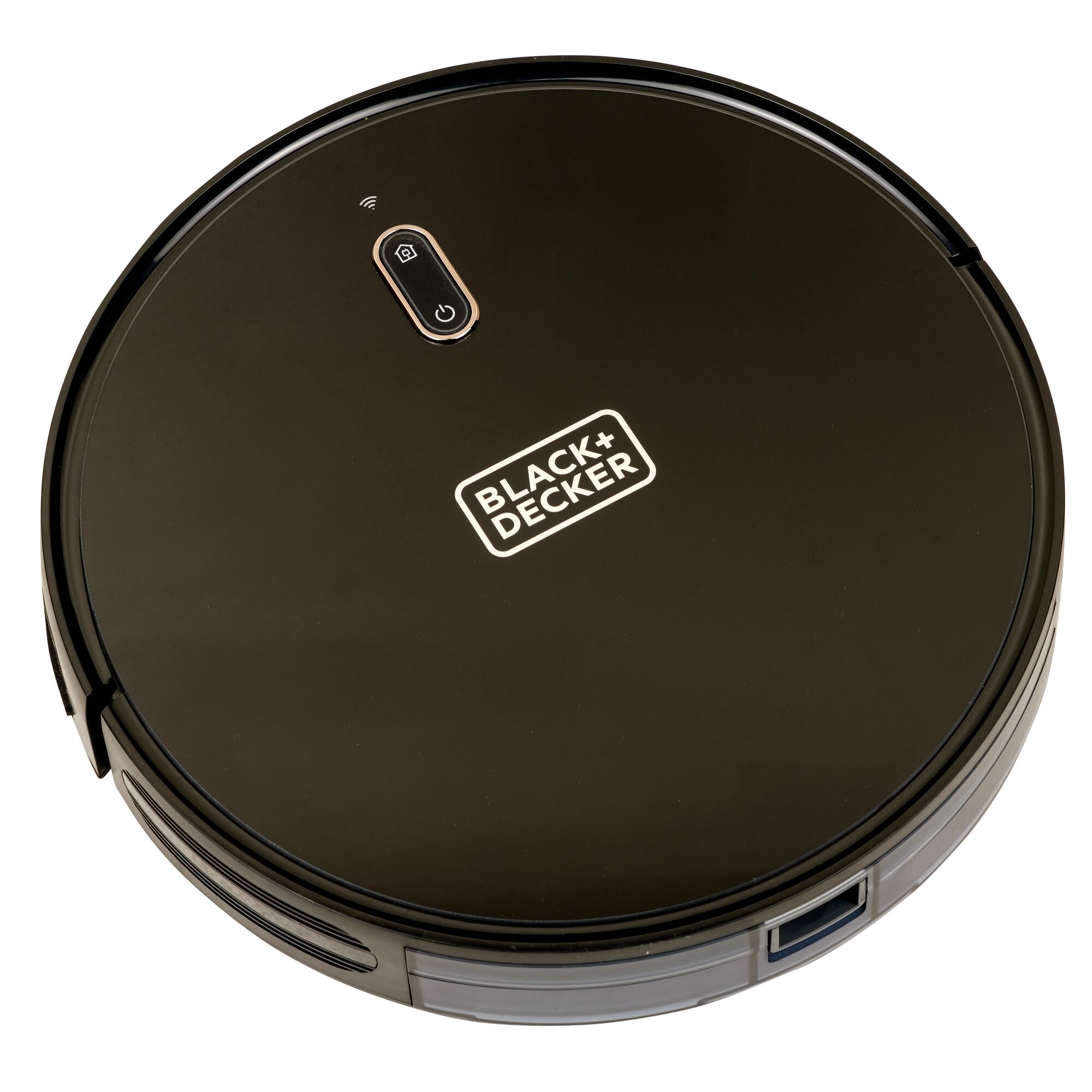 BLACK+DECKER BRVA425B00 black robotic vacuum cleaner top view on white background.